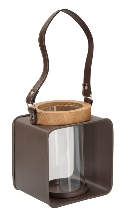 Boho chic lanterne i træ, metal og glas  -  16x13x18 cm