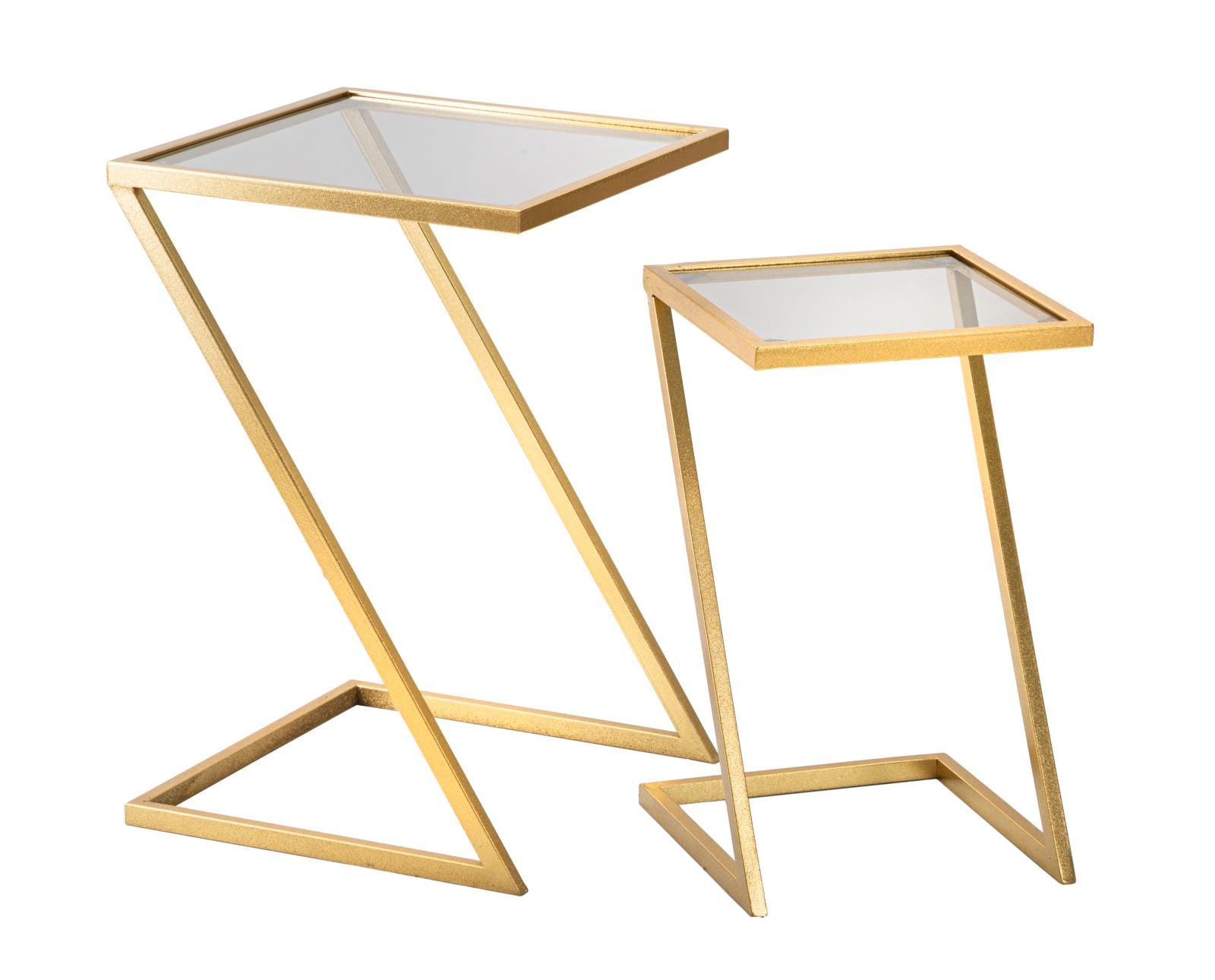 Glam borde i guldfarve, jern og glas  -  40x40x60 og 30x30x50 cm