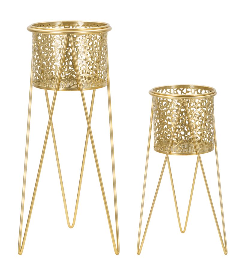 Glam vaser i guldfarve, metal  -  21x20x46 og 18x18x32 cm
