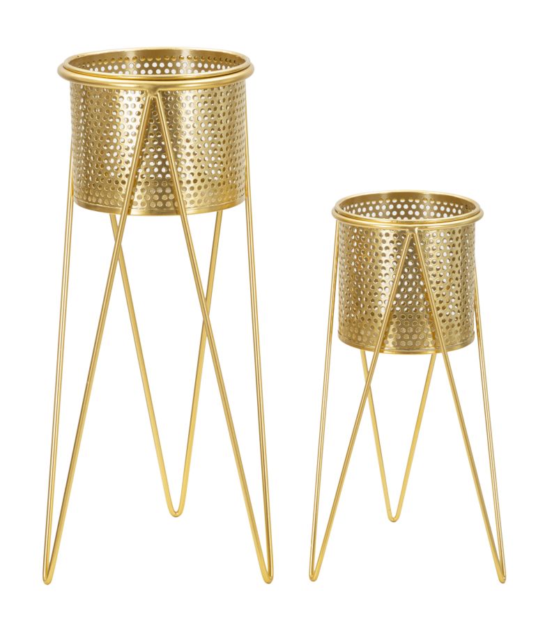 Glam vaser i guldfarve, metal  -  21x20x46 og 18x18x32 cm