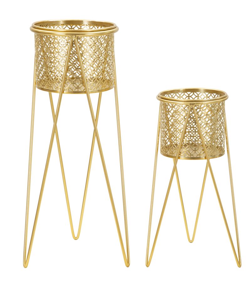 Glam vaser i guldfarve, metal  -  21x20x46 og 18x18x32 cm