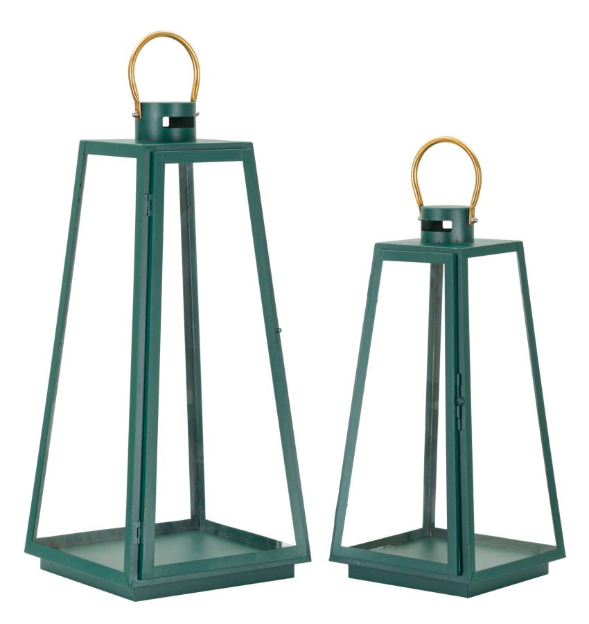 Glam lanterner i jern og glas, grøn og guldfarvet  -  25x25x57 og 20x20x45 cm