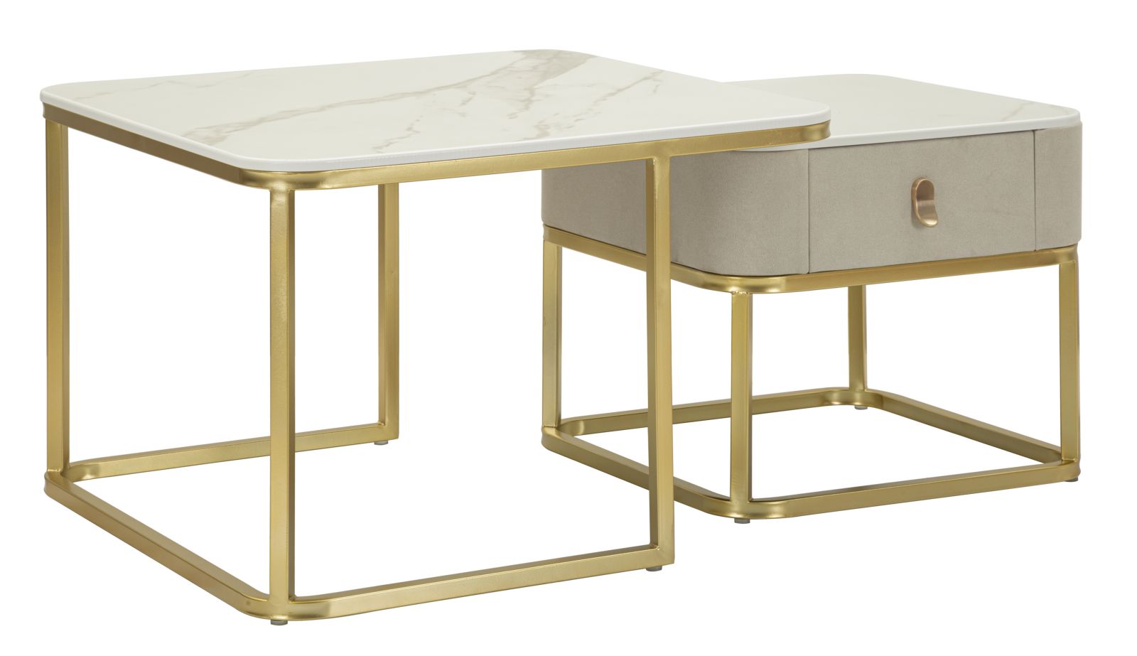 Glam borde i guldfarve, fyrretræ, MDF og metal  -  70x70x48, 50x50x43 cm