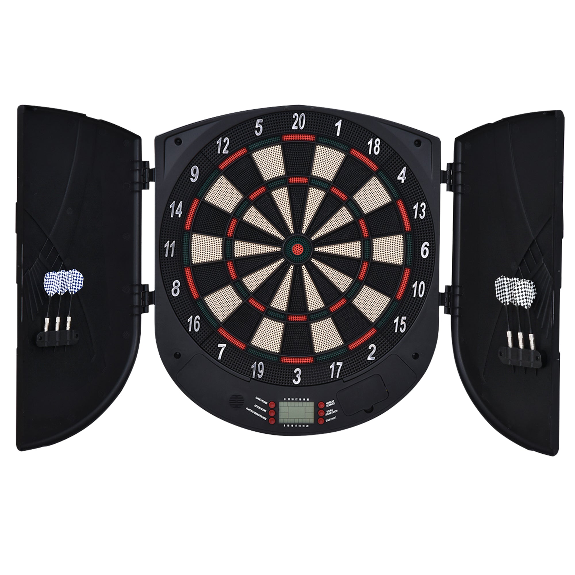 Elektronisk dartskive med stemmemeddelelser (engelsk stemme), LED-displays, 6 dart, 26 spil, 185 variationer, dartmaskine med dør, dartskivesæt til op til 8 spillere