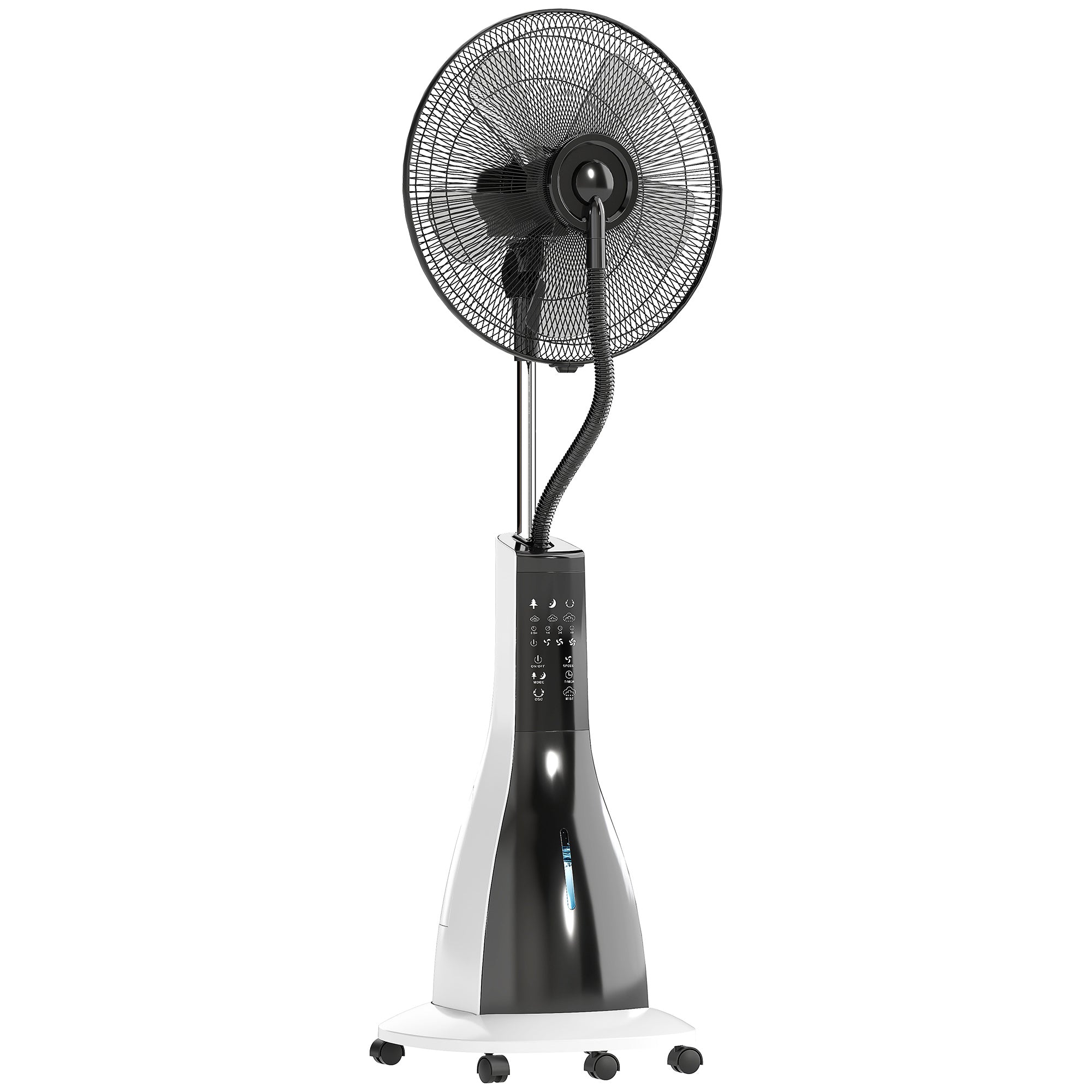 Ventilator med dugfunktion, 75 grader roterbar, 3 hastigheder, 3 tilstande, 3-liters vandtank, sort og hvid