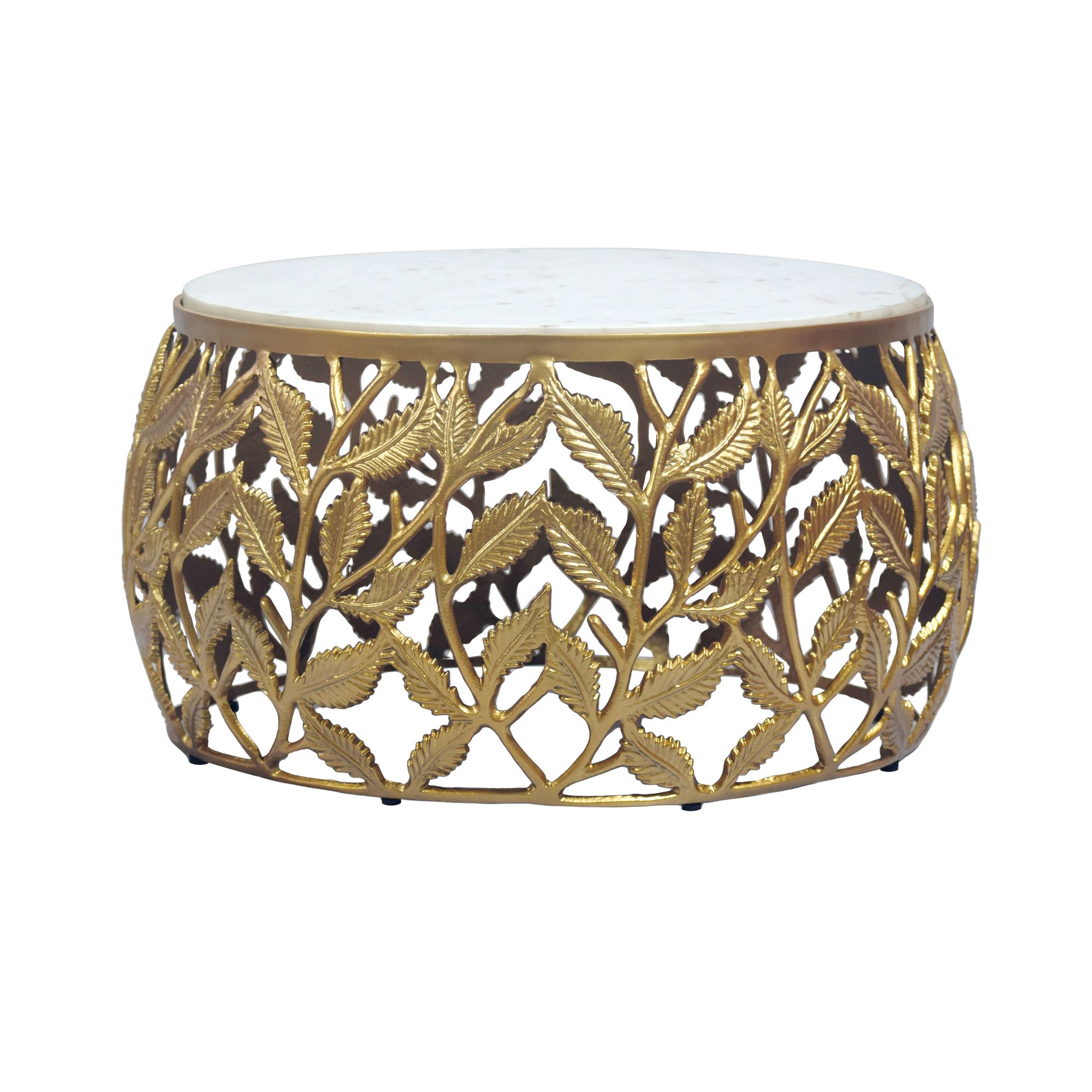 Rundt Sofabord 60 cm i Guld Aluminium med Hvid Marmorbordplade  -  Moderne Designbord