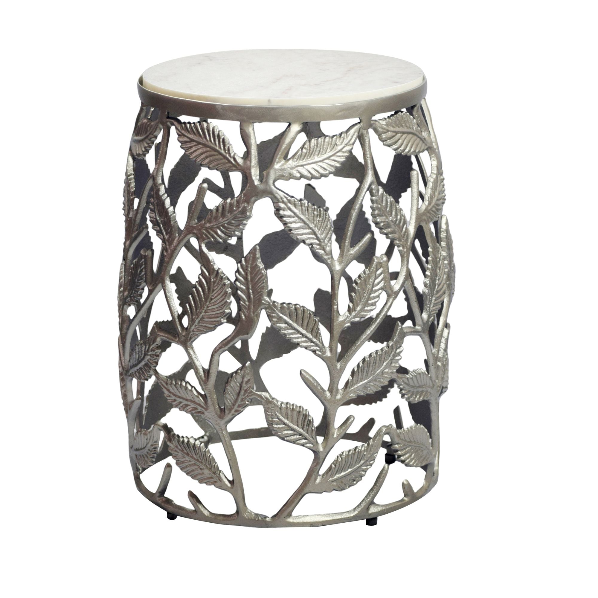 Rundt Sidebord 40 cm i Sølv Aluminium med Hvid Marmorbordplade  -  Moderne Designbord