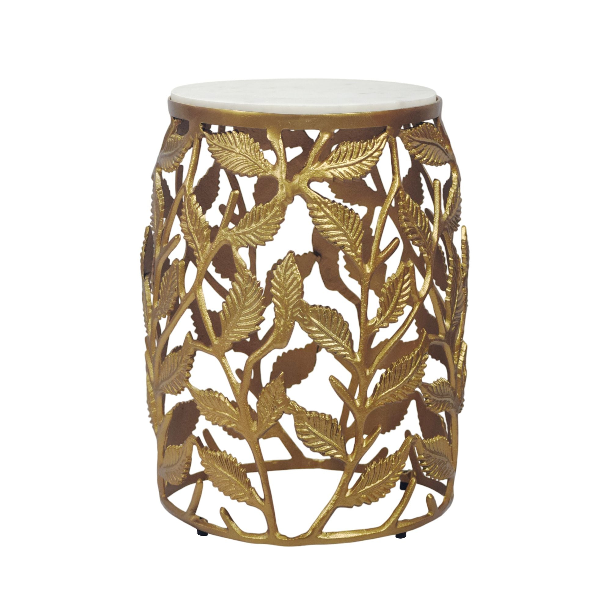 Rundt Sidebord 40 cm i Guld Aluminium med Hvid Marmorbordplade  -  Moderne Designbord