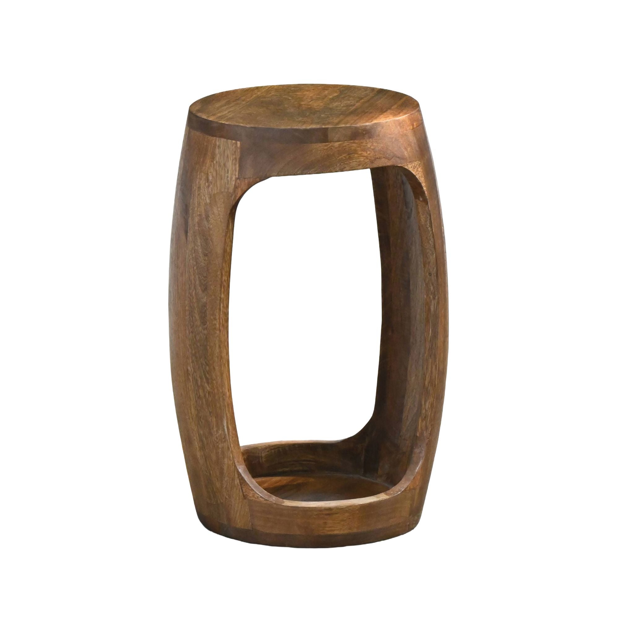 Rundt Sidebord 30 cm i Massivt Mangotræ - Håndlavet Designbord med Åben Hylde