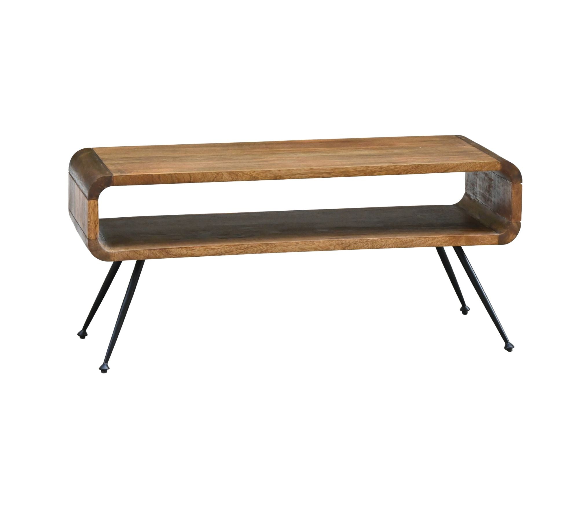 Sofabord 105 cm i Massivt Mangotræ og Metal  -  Rektangulært Designbord med Hylde