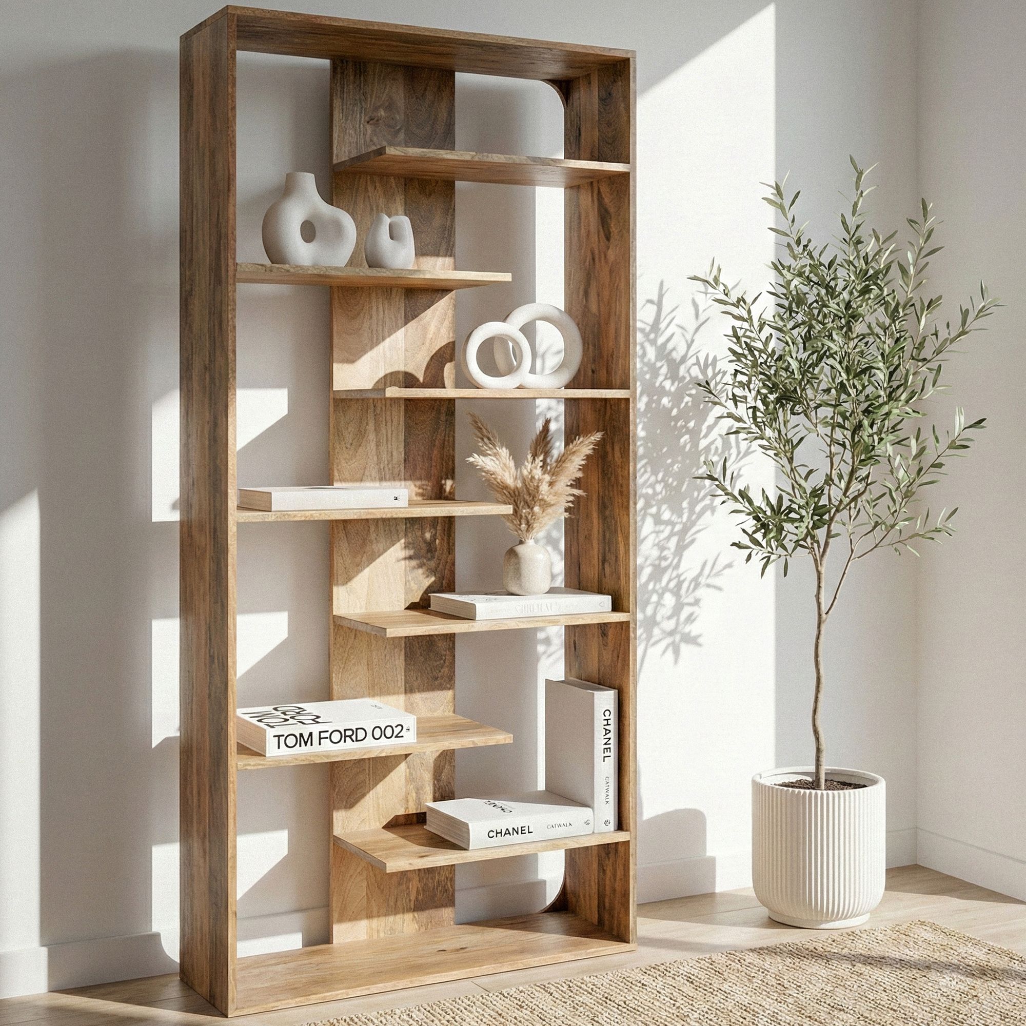 Håndlavet dekorativ designer bogreol 200cm i massivt mangotræ, Bredde: 90 cm Højde: 200 cm Dybde: 40 cm