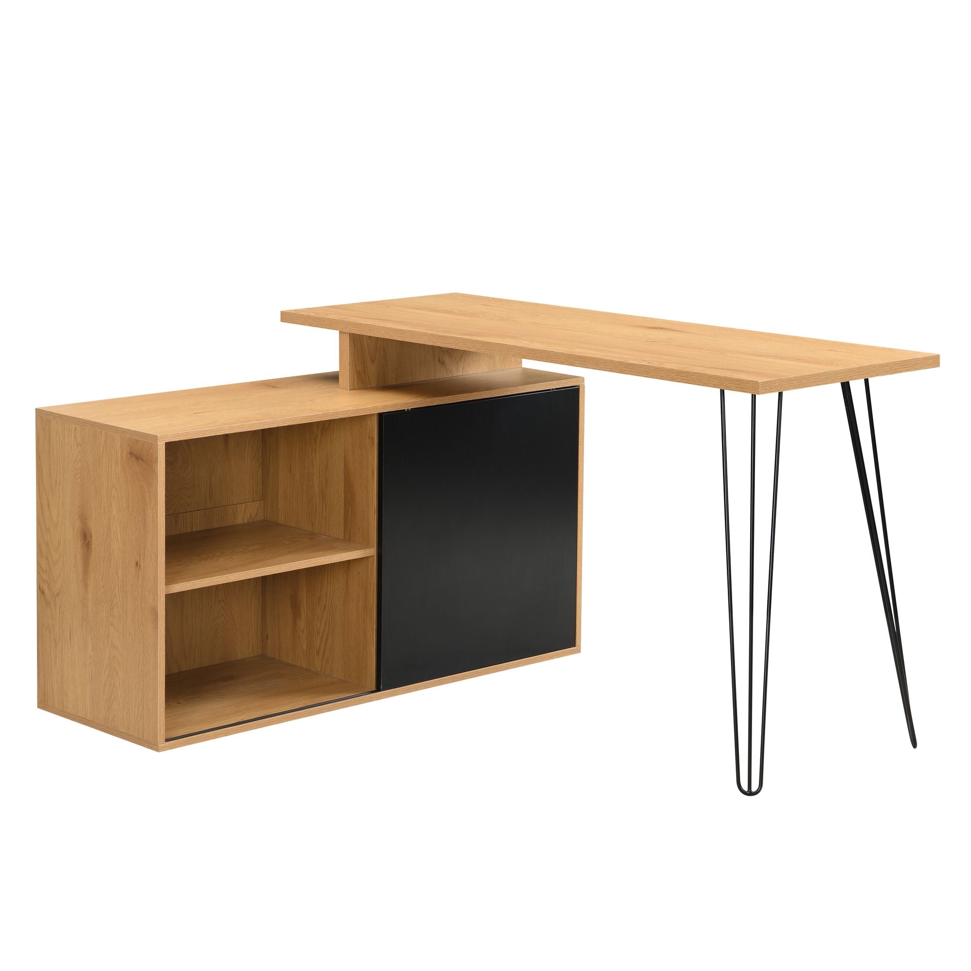L-formet skrivebord i egetræslook med reol og opbevaring - 130 cm