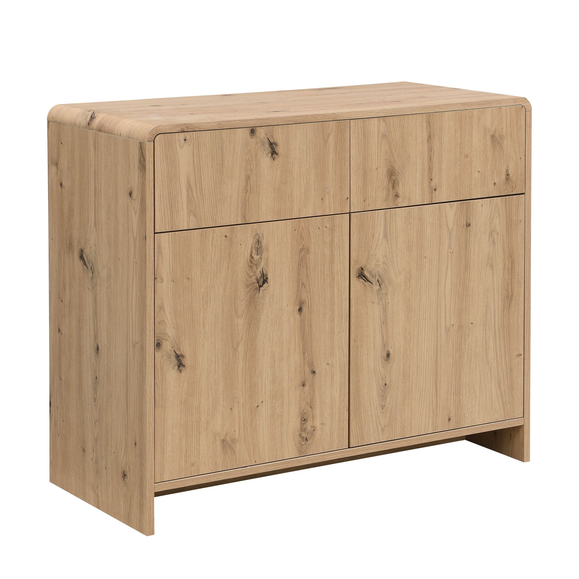 Skænk i egetræslook med 2 låger og 2 skuffer - 88 cm - Push to Open