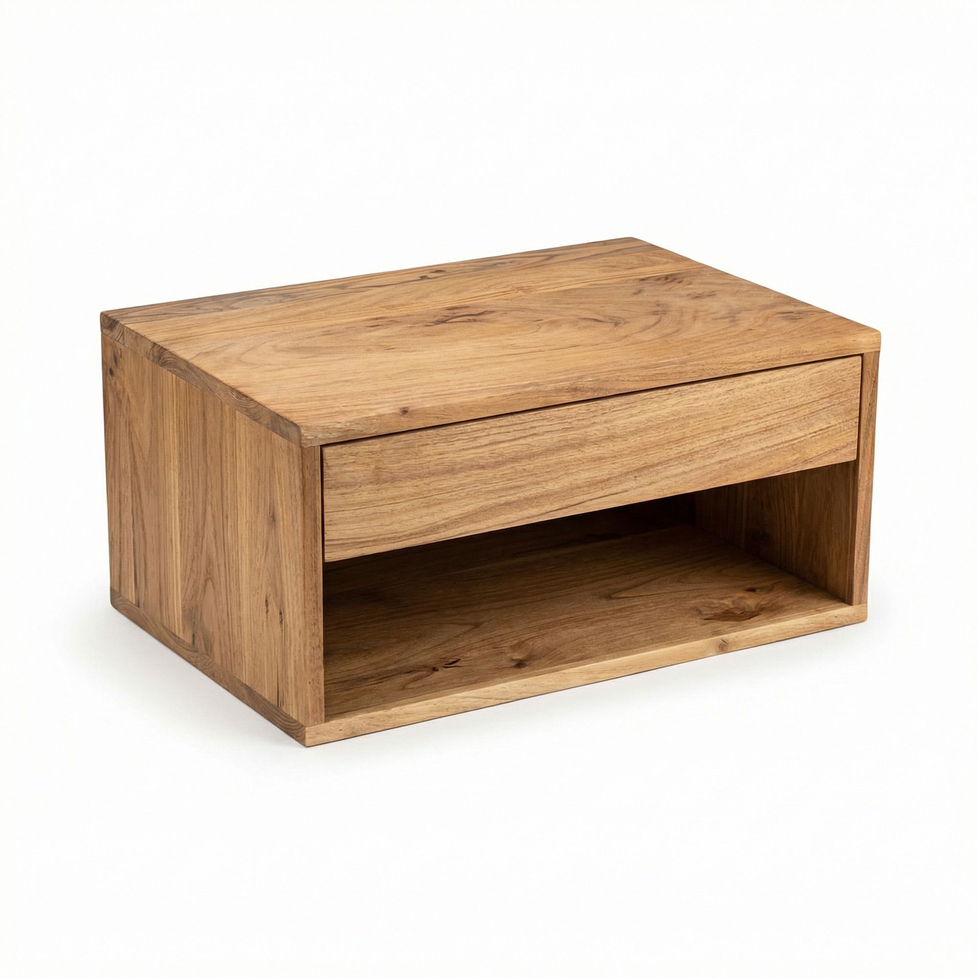Svævende natbord i massivt akacietræ med skuffe og hylde - 50 x 35 cm - Håndlavet