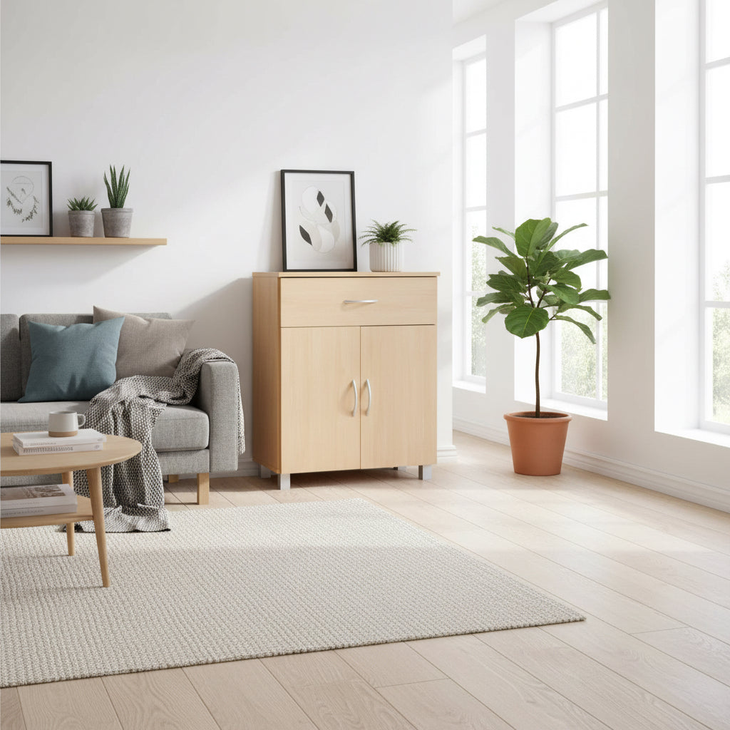 Skoskab med skuffe og 2 døre 60Ã75Ã30 cm, bøgetræslook, pladsbesparende skoskab lavet af melaminbelagt spånplade, entremøbel, moderne skoreol