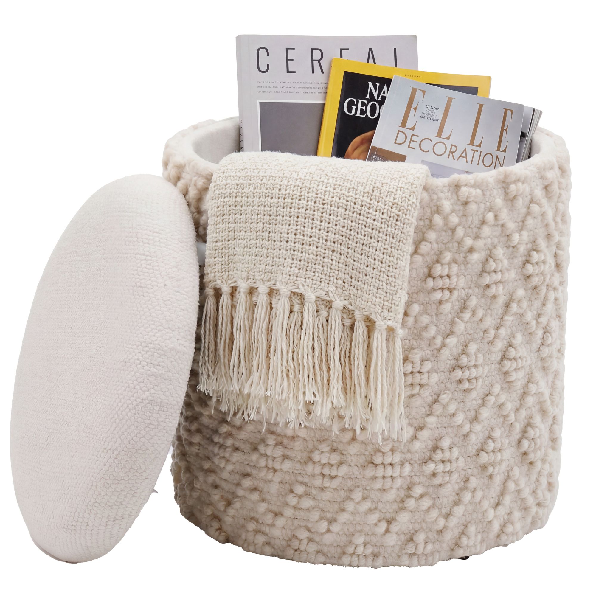 Puf med opbevaring i uld - Ø40 cm - Creme - Håndlavet