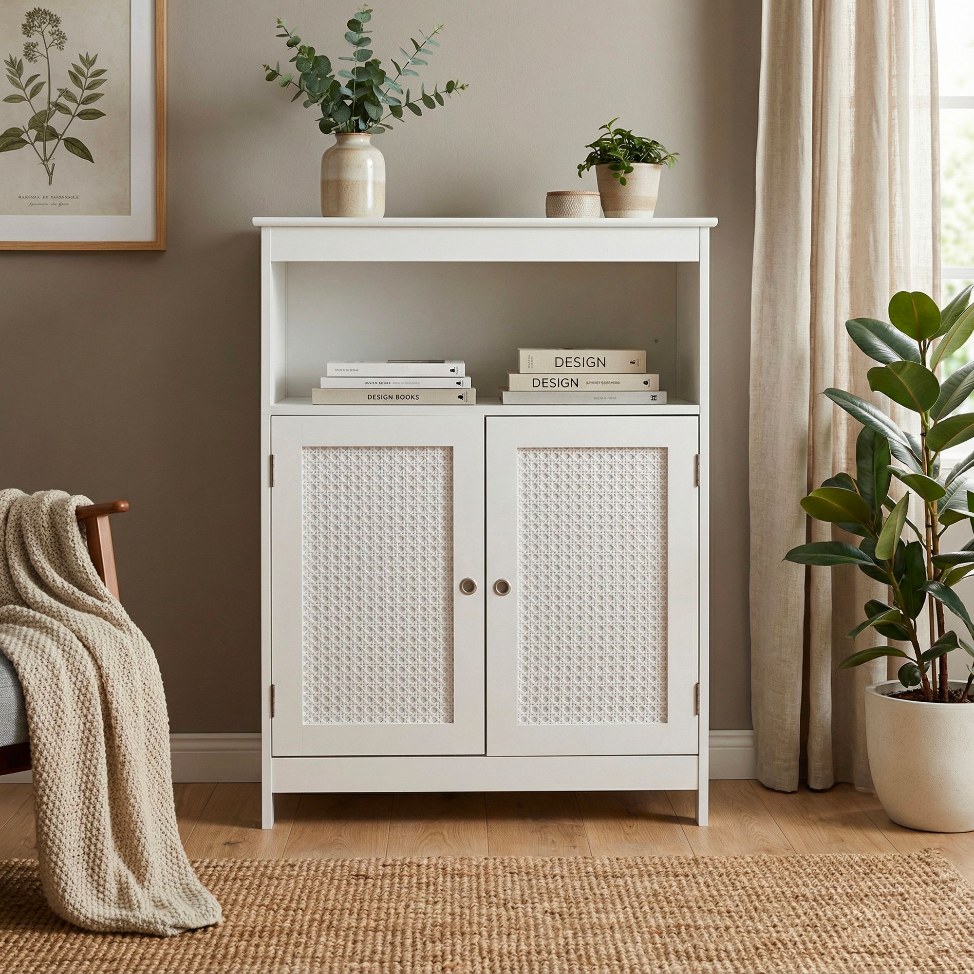 Stående skab hvidt 80cm - Opbevaringsskab med 2 låger i rattandesign og hylde  - Kommode med skuffer, wienerflet-sideskab