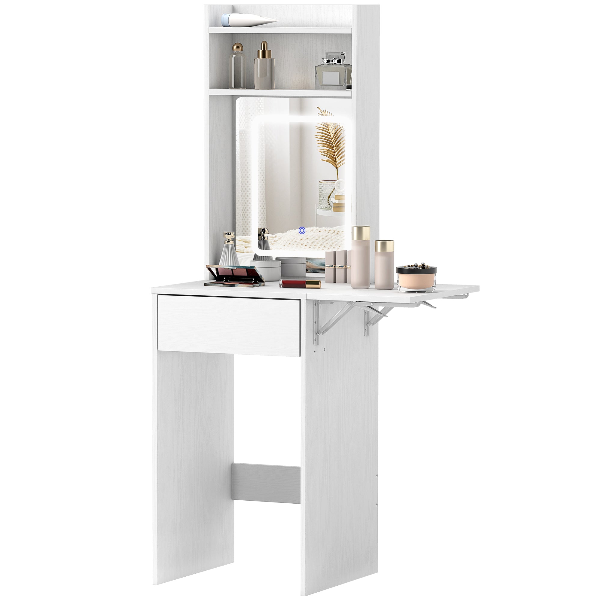 Kompakt sminkebord med spejl og led-belysning, sammenklappelig bordplade, åbne hylder, skuffe, mdf, hvid