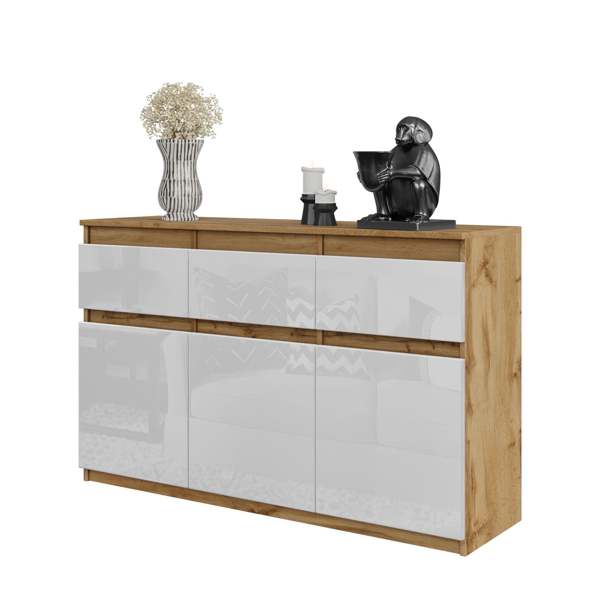 NOAH - Kommode med 3 skuffer - naturfarvet / højglans hvidÂ H75cm B120cm D35cm