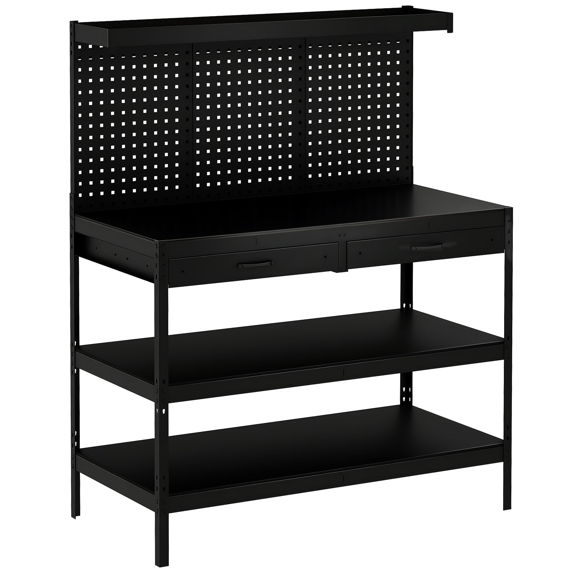 Arbejdsbord med justerbare hylder, robust arbejdsstation med hulbræt og 2 skuffer, 122 x 61 x 156 cm, sort