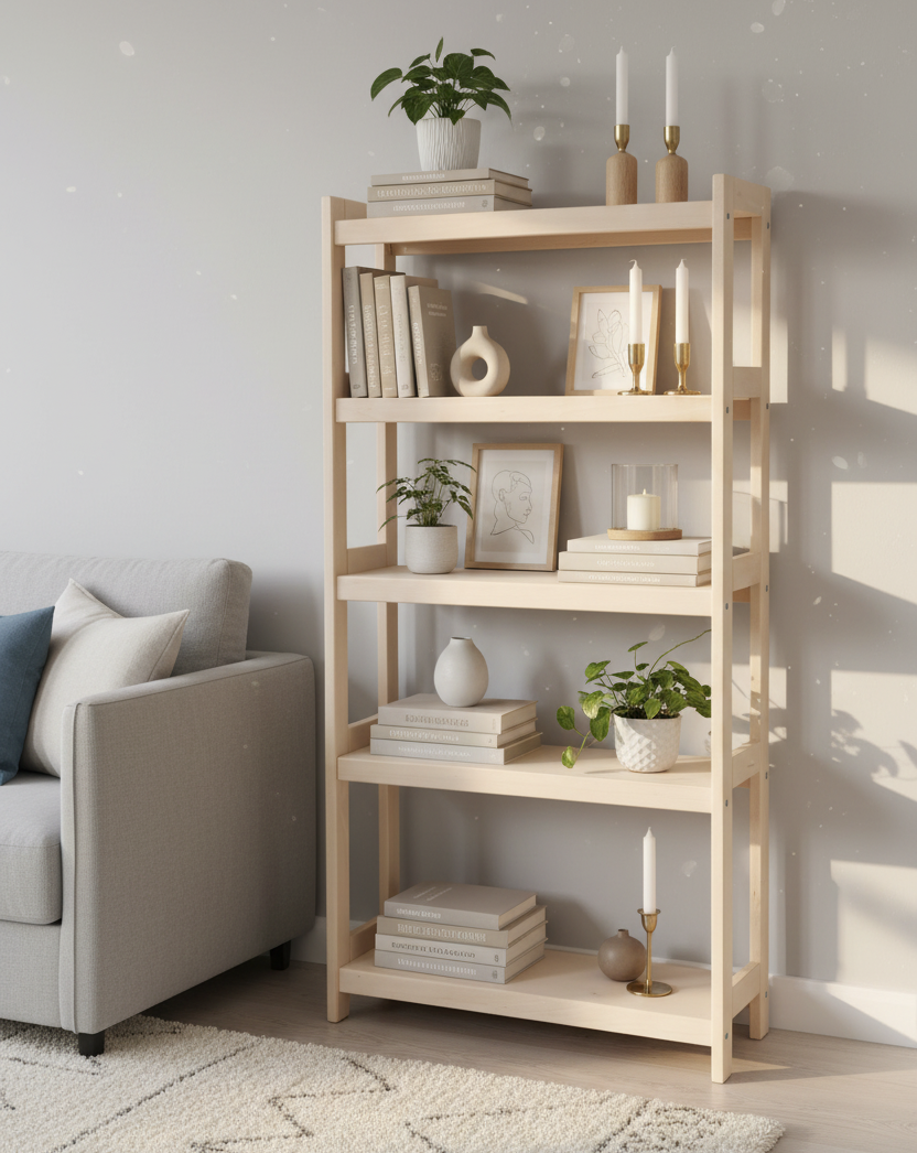 Bogreol i bøgetræ, 5 hylder,, 136x60x25 cm