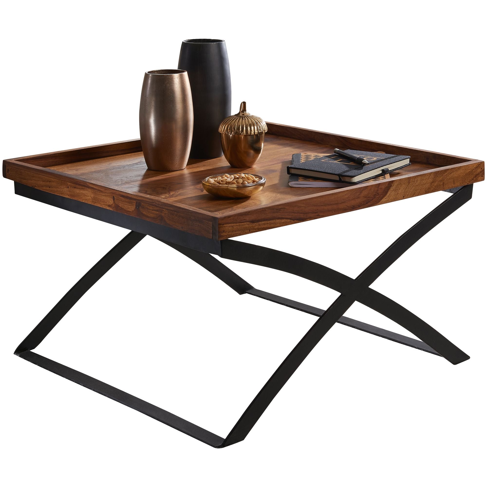 Sofabord WL5.595 63x39x63cm Sheesham massivt træ/metal sofabord, designer stuebord industriel stil, brunt/sort sidebord, designer sofabord i massivt træ, firkantet bord