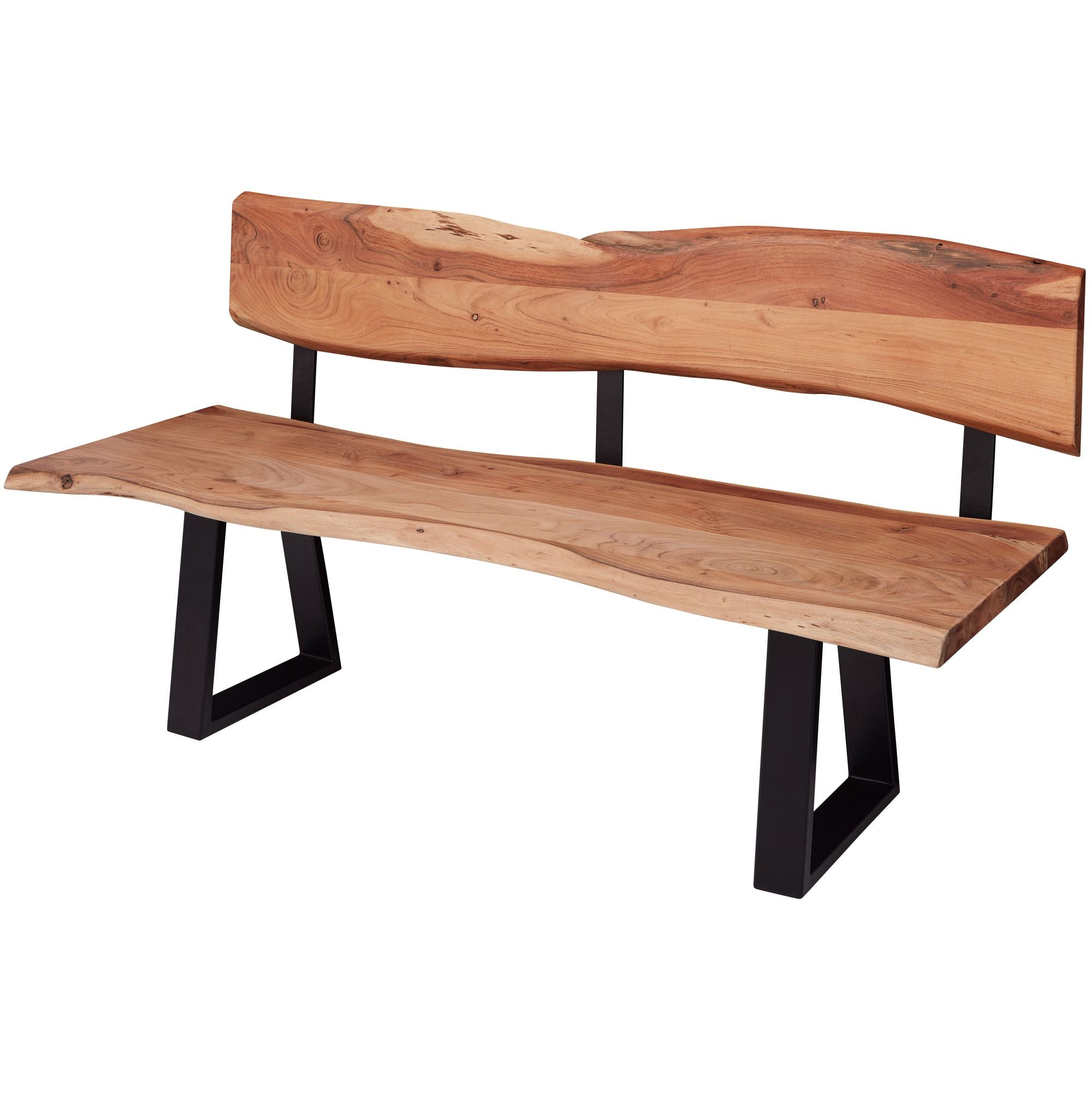 Spisebænk GAYA 160x83,5x60 cm, massiv akacietræsbænk med levende kant, træbænk med ryglæn, køkkenbænk, spisebænk, landlig træstil, køkkenbænk med træstamme, 3-personers, massivt træ