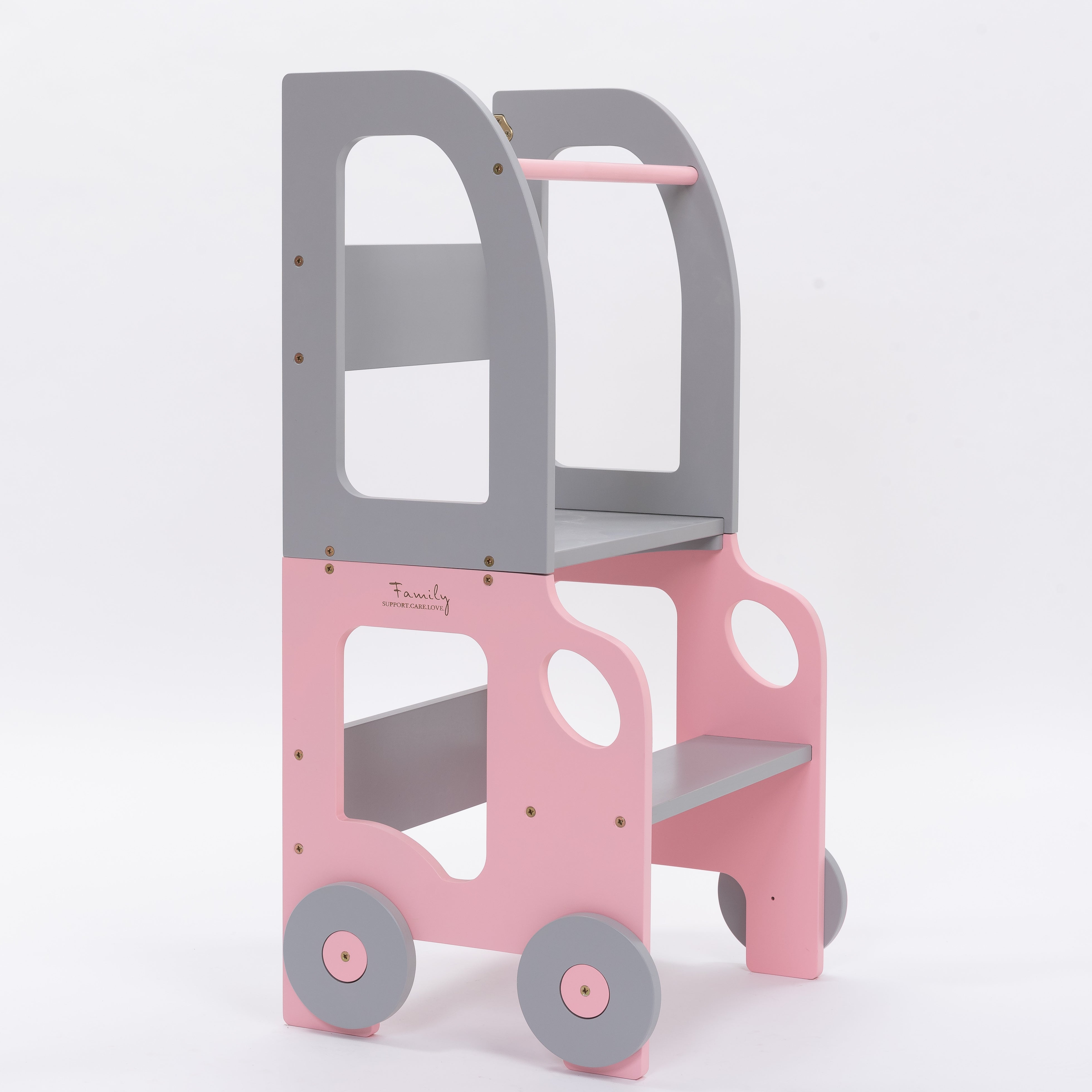 Køkkentrappe / montessori-læringstårn: bord, stol og trappe i ét til barn, pink og grå