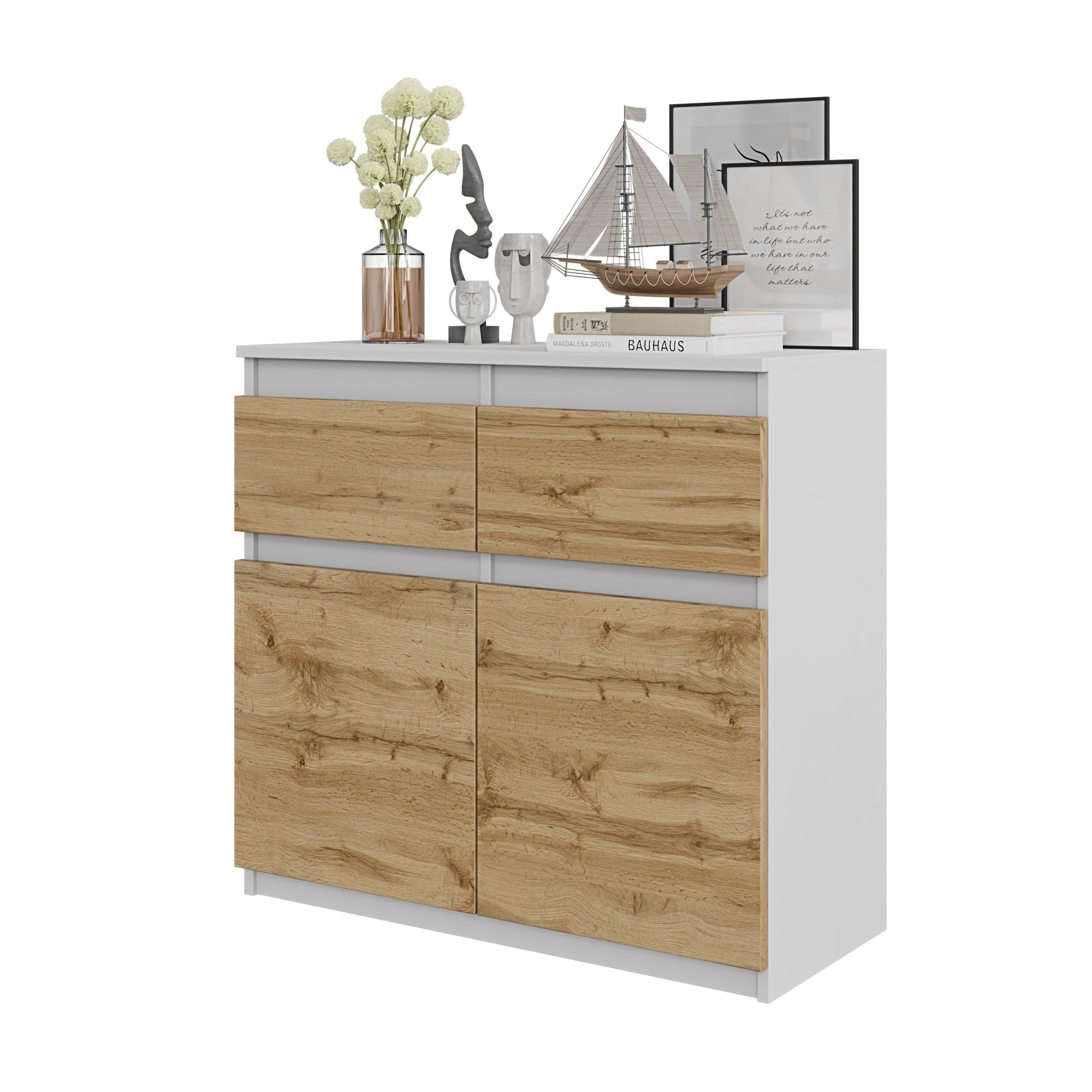 NOAH - Kommode med 2 skuffer - mat hvid / naturfarvet H75cm B80cm D35cm