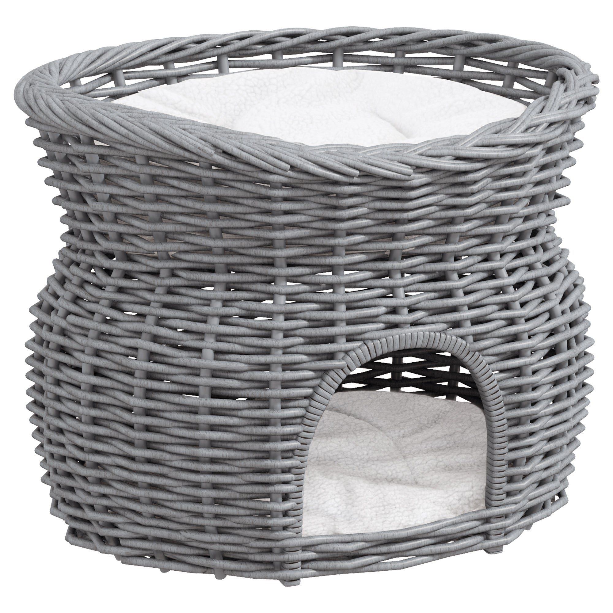 Rattan flettet kattekurv kattehus med 2 bløde puder kattekurv kæledyrsseng lavet af vandhyacint til stue grå 56 x 37 x 40 cm