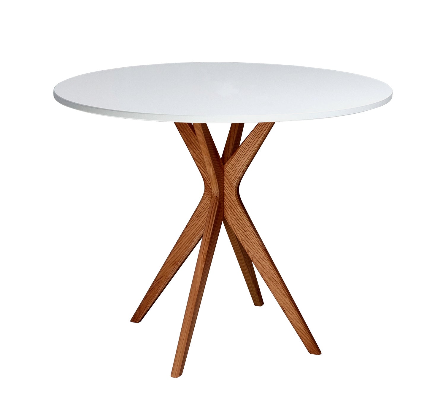 Rundt spisebord diam. 90cm, hvid bordplade lamineret MDF, ben i træ