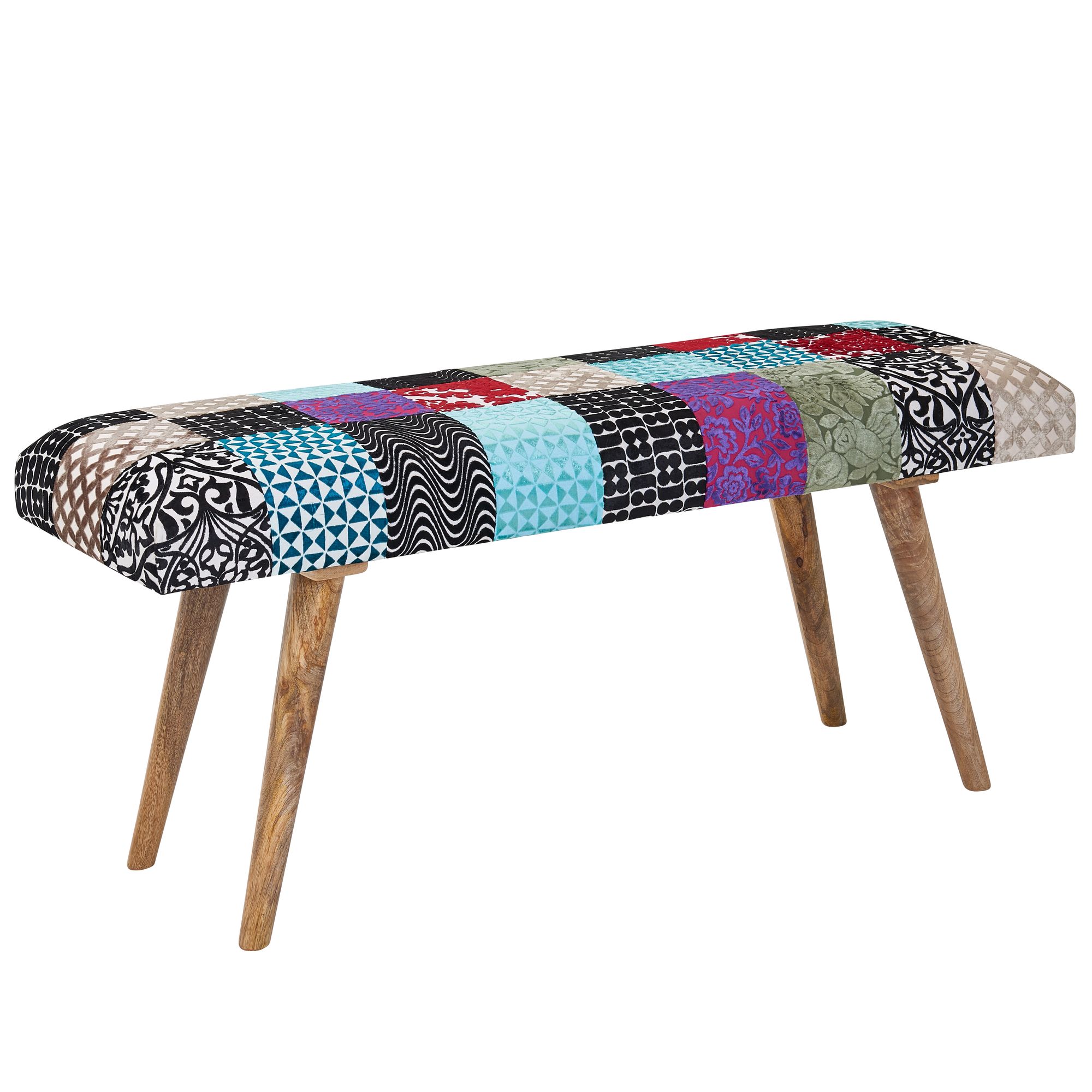 Fløjlsbænk / Massiv træbænk, farverig, 117x51x38 cm, patchwork sengebænk, designer polstret bænk til entreen, moderne polstret stofbænk til spisestuen, rygløs entrebænk