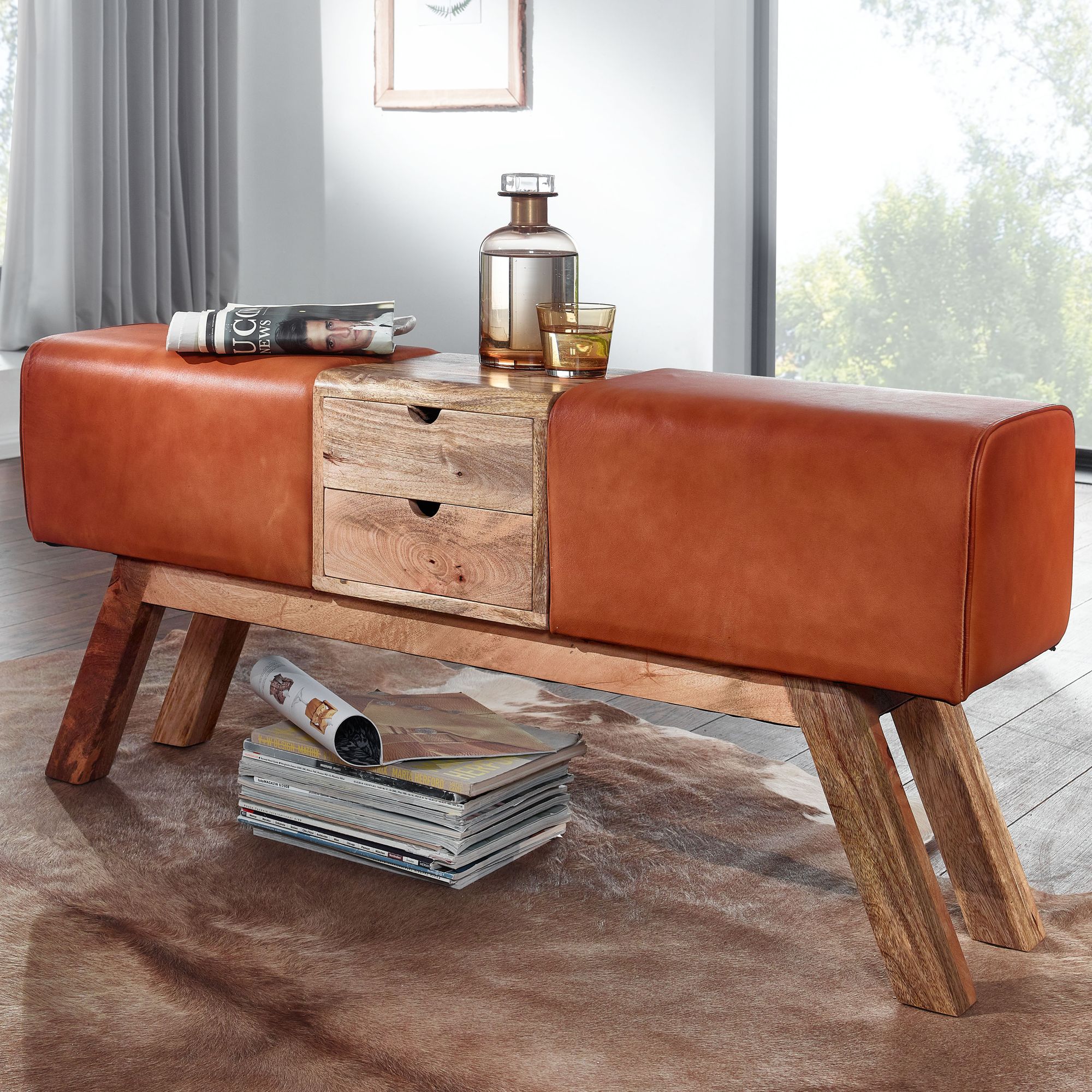 Designer springbænk til hest, brun, med skuffer, 120x56x30 cm, gymnastikbænk i ægte læder med opbevaring, garderobebænk, fodskammel, springhest, gymnastikbænk