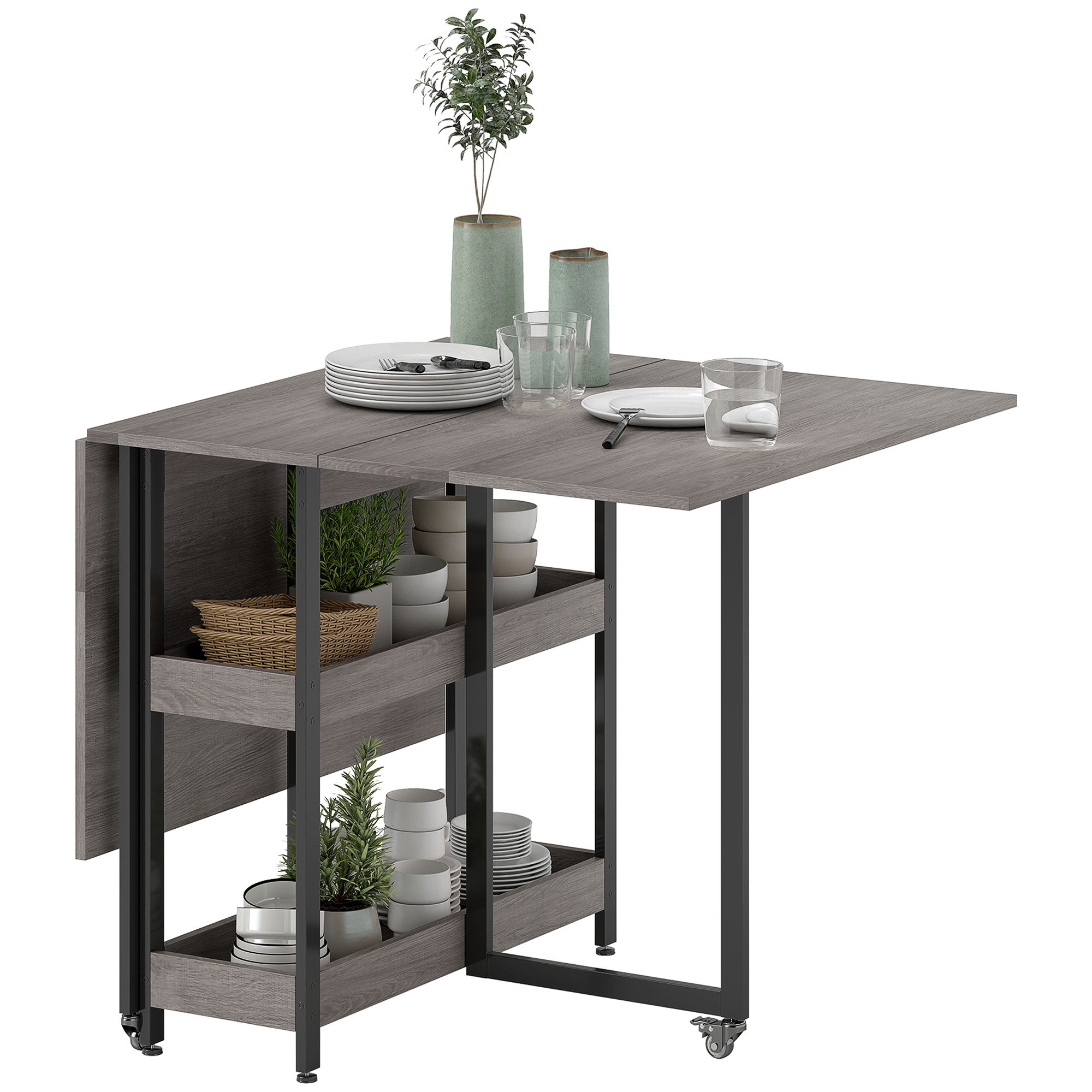 Klappeligt spisebord i industrielt design, til op til 4 personer, åbne hylder, fleksibelt, metal, spånplade, grå