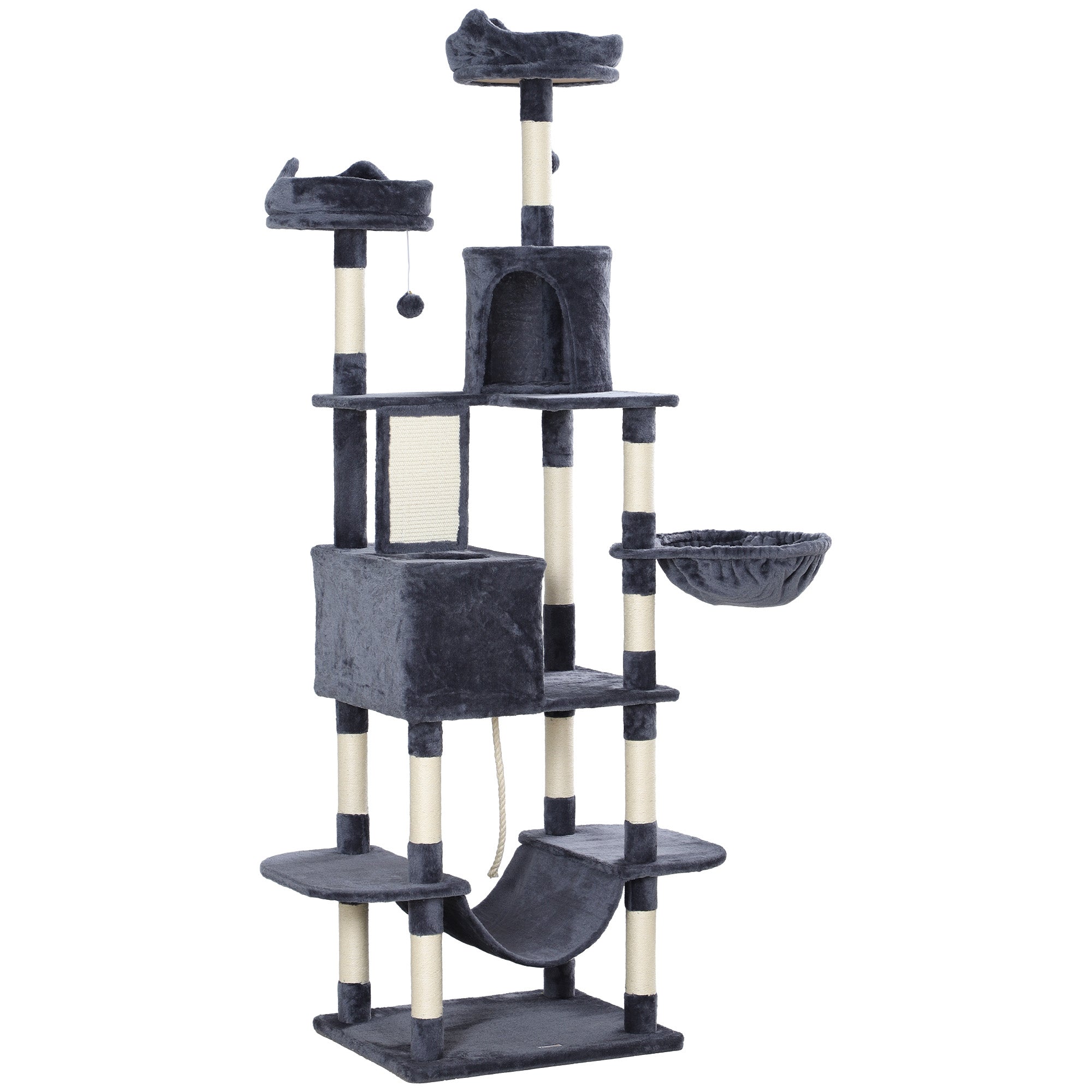 Kradsetræ 206 cm kattetårn med hule, 2 legebolde, sisalstolper, platform til store katte, mørkegrå