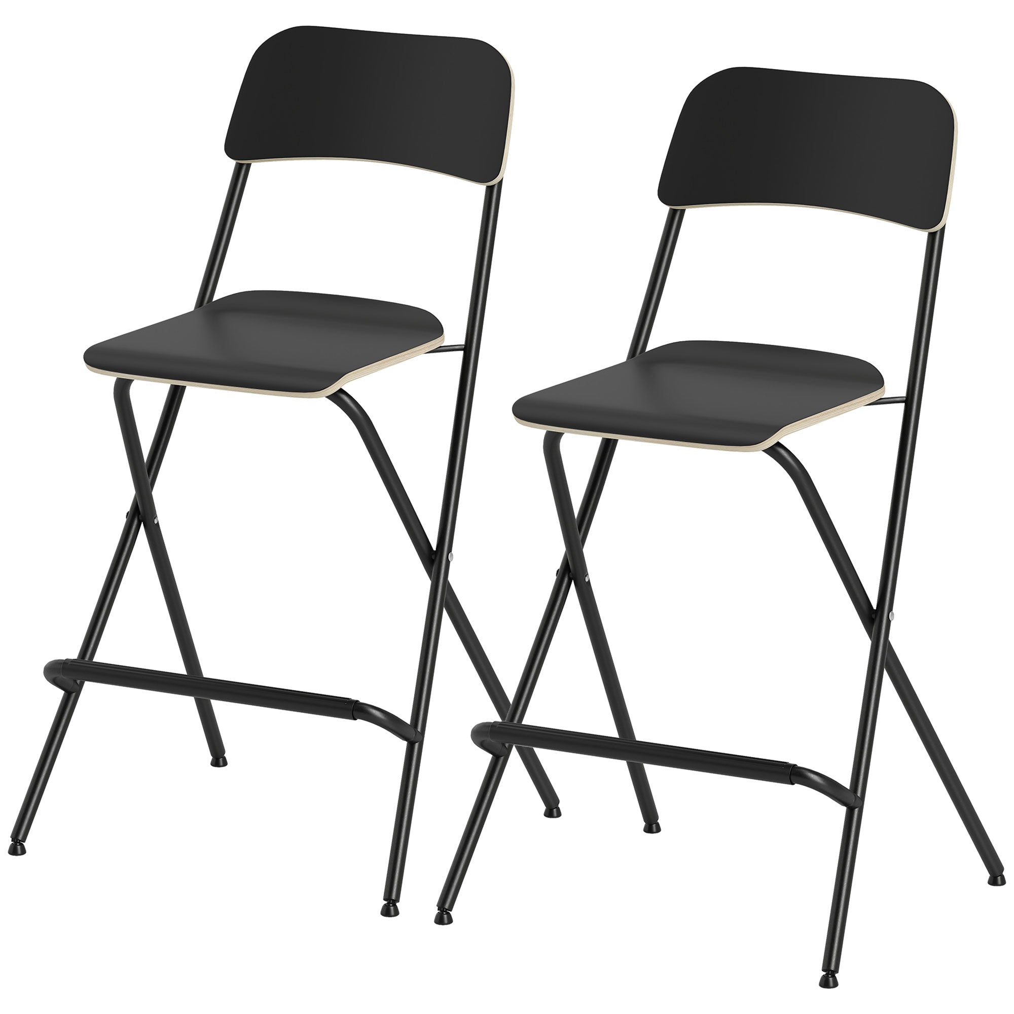 Sæt med 2 barstole, foldbare barstole med stålramme, til køkken, spisestue, sort