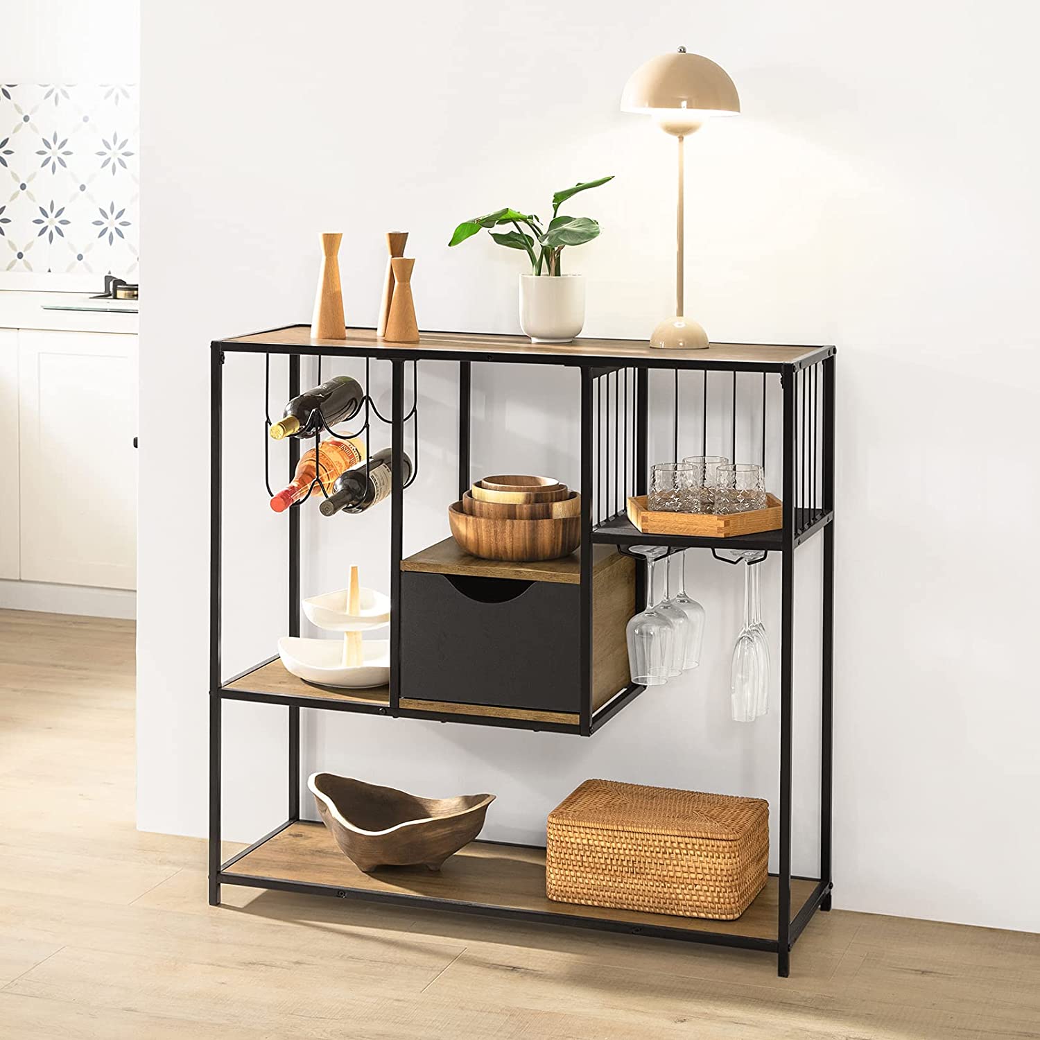 Konsolbord med plads til vin og vinglas, 100x33x95 cm, brun