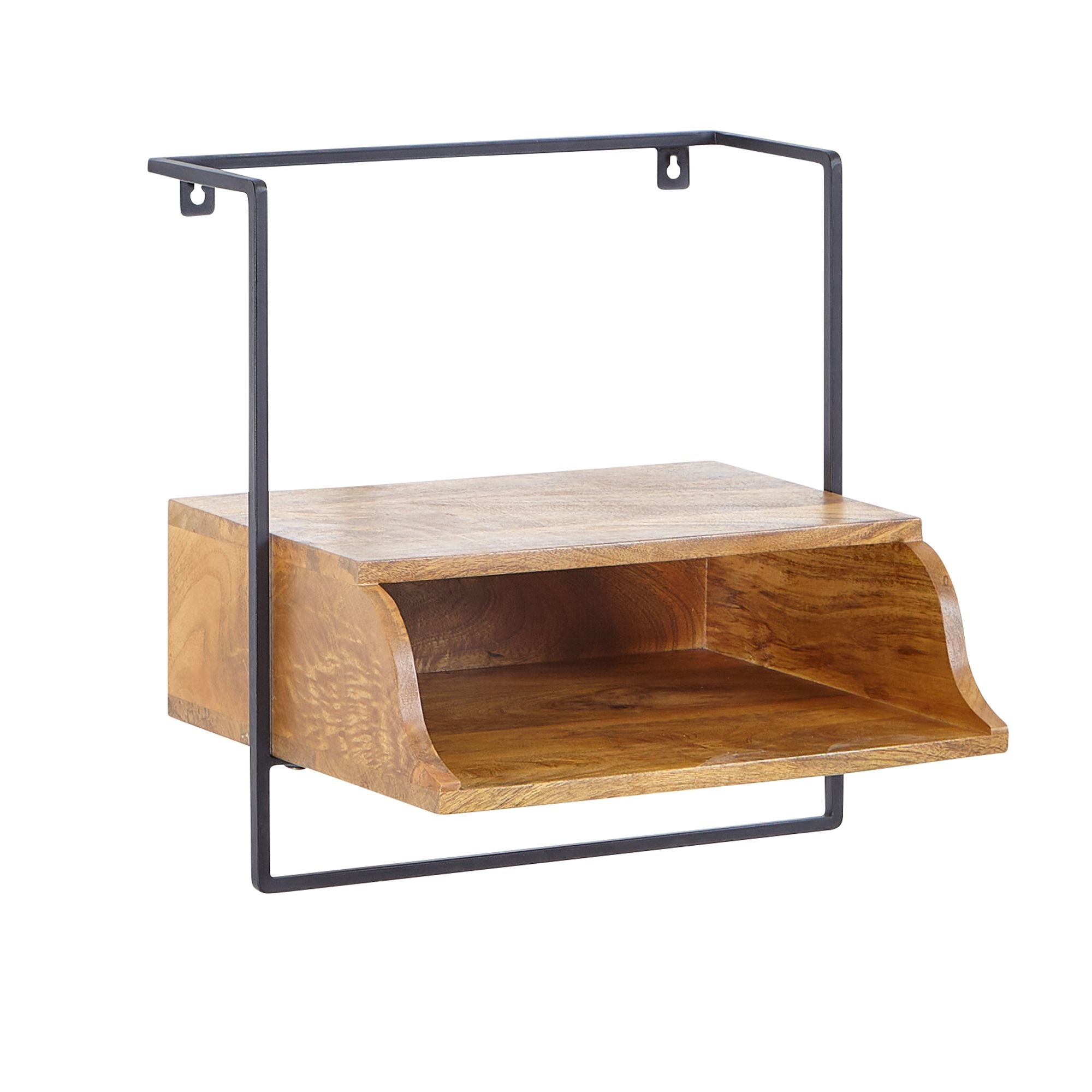 Vægmonteret sengebord 44x45x35 cm, massivt mangotræ, natbord med hylde, svævende væghylde til boxmadrassenge, vægkonsol/hængende sengebord