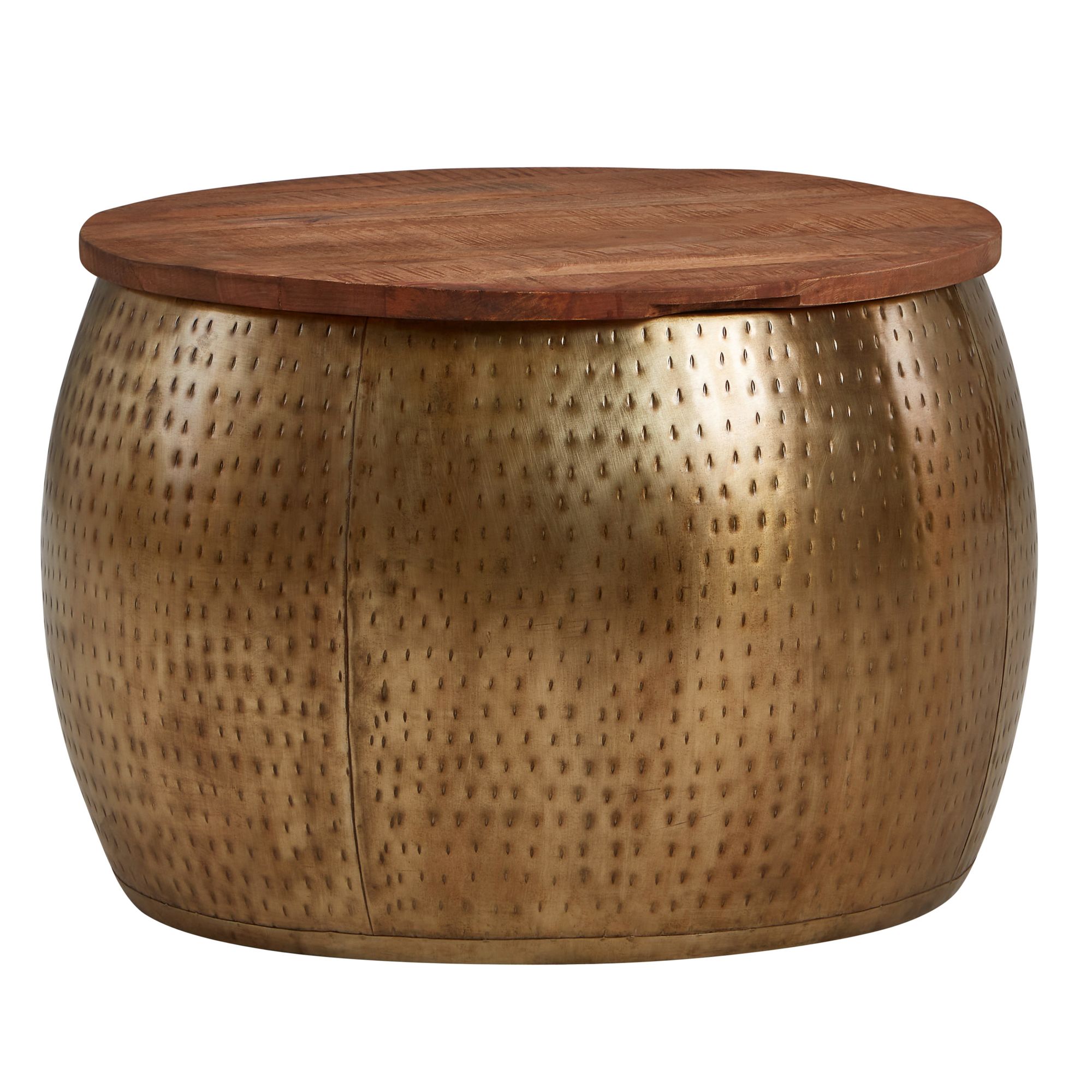 Sofabord, massivt mangotræ, metal, 60x60x40 cm, guld, rundt, med opbevaringsplads, designer stuebord med aftagelig bordplade, loungebord, sofabord, moderne stuebord