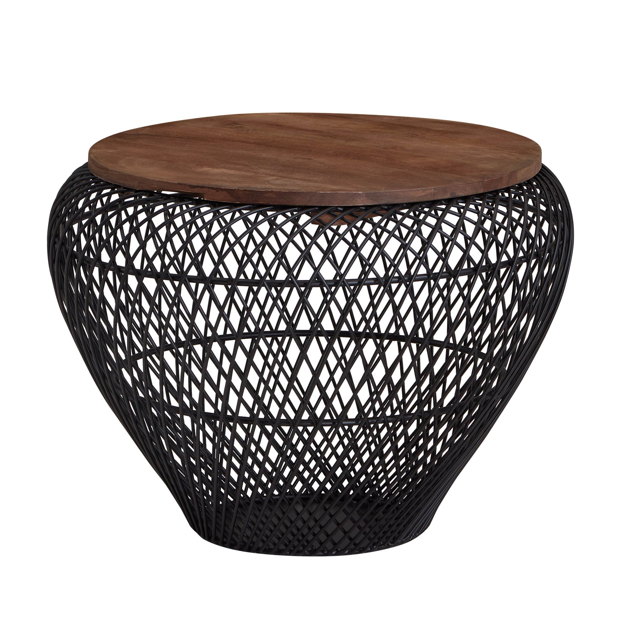 Sofabord, massivt mangotræ, metal, 60x60x45 cm, sort, rundt med opbevaring, designer stuebord, fletbord, moderne sidebord, sofabord til stuen
