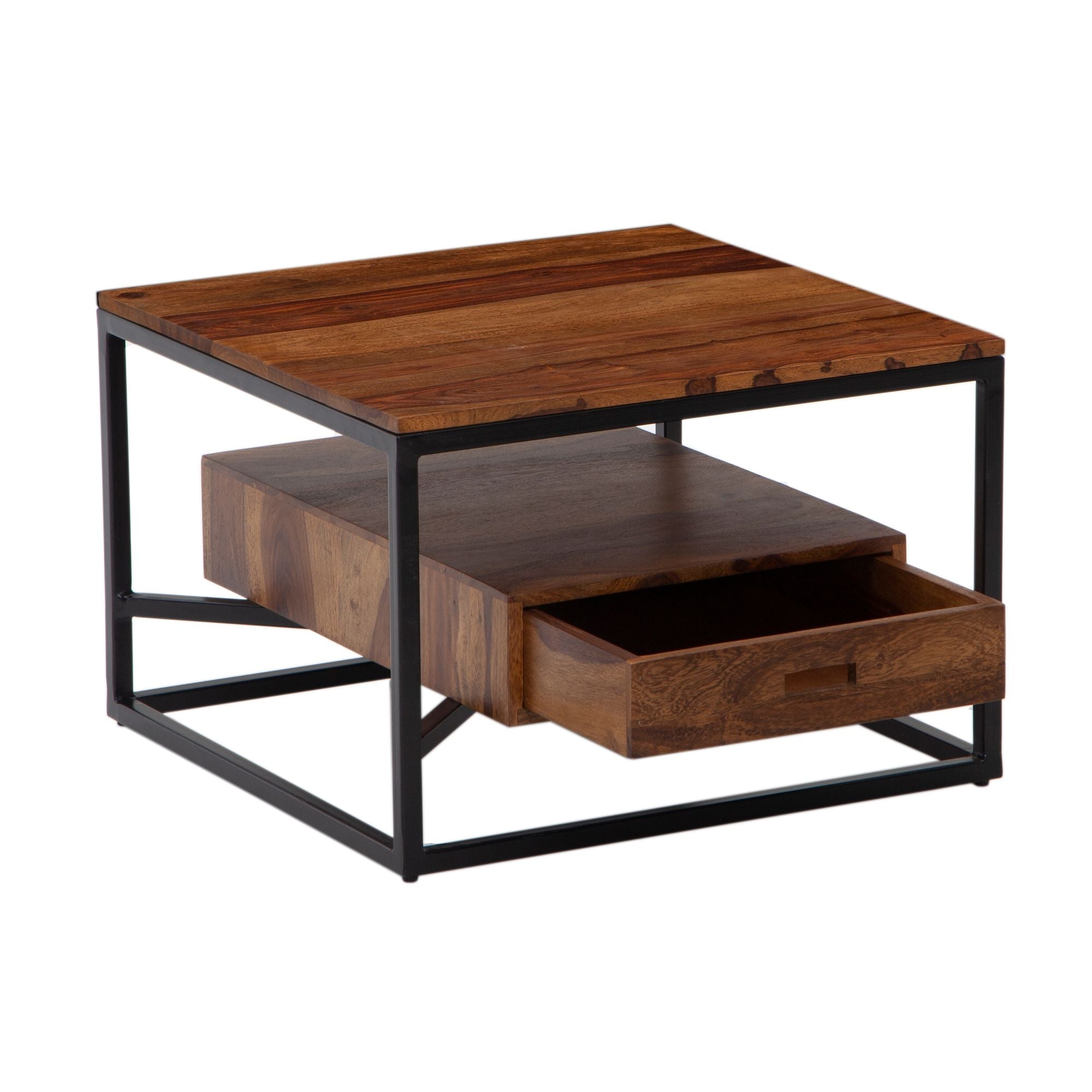 Sofabord 60x60x40 cm, massivt sheeshamtræ/metal, firkantet sofabord, designer sofabord med skuffe til stuen, lille sidebord, moderne stuebord