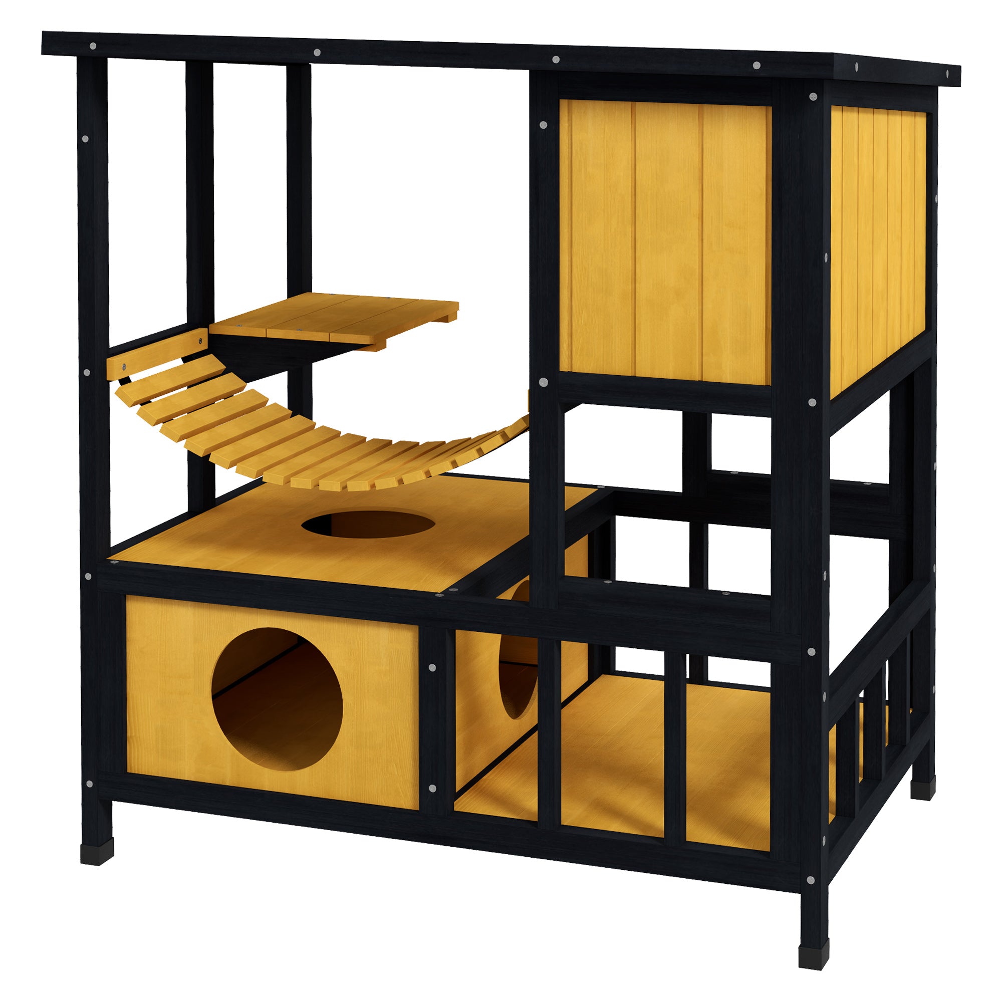 Kattehus, kattehus, kattehule, vejrbestandig, 1 rampe, 1 platform, 84,5 x 60 x 88 cm, grøn + naturlig