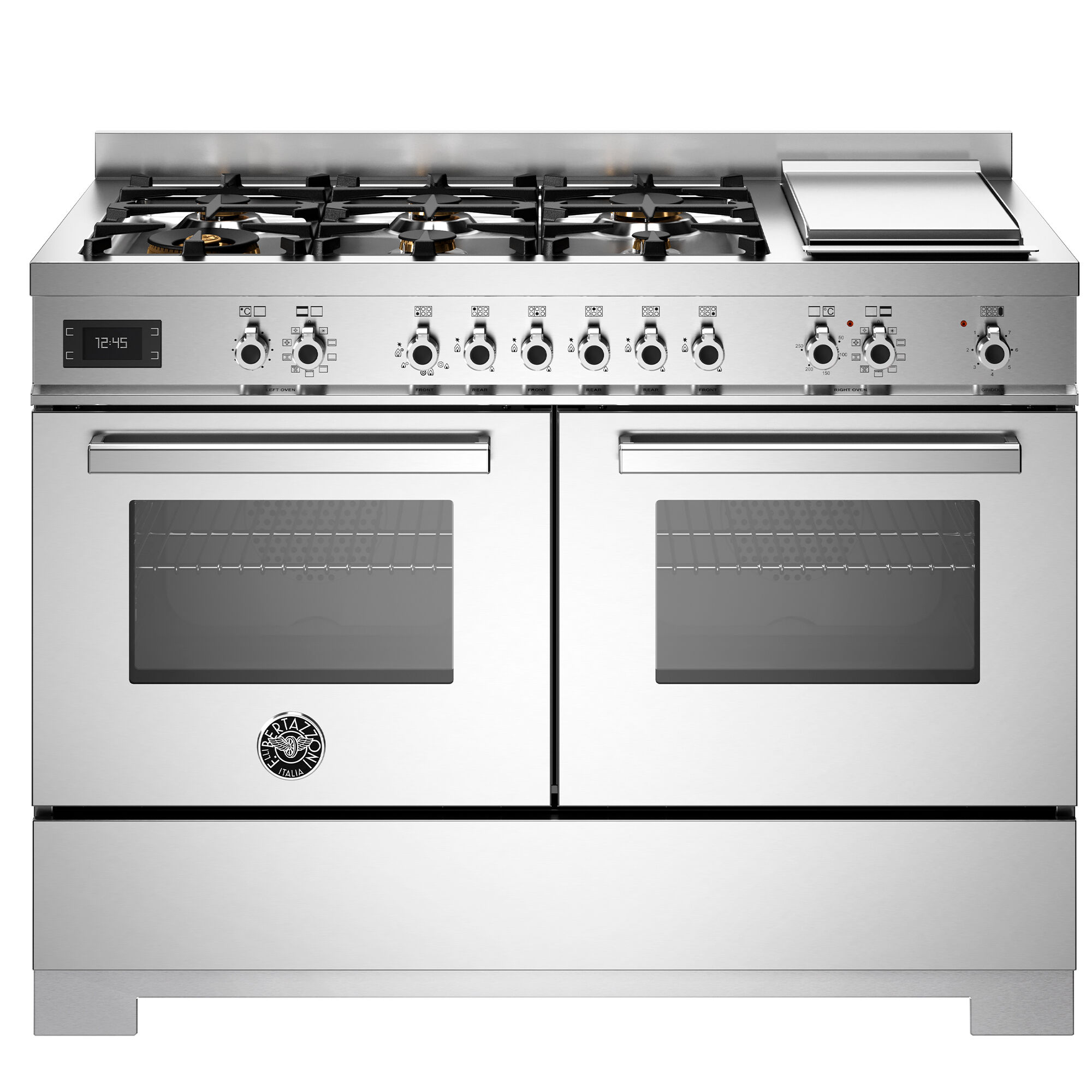 Bertazzoni PRO126G2EXT2 Professional gaskomfur 120 cm med 6 brændere, elektrisk stegebord og 2 ovne, rustfrit stål