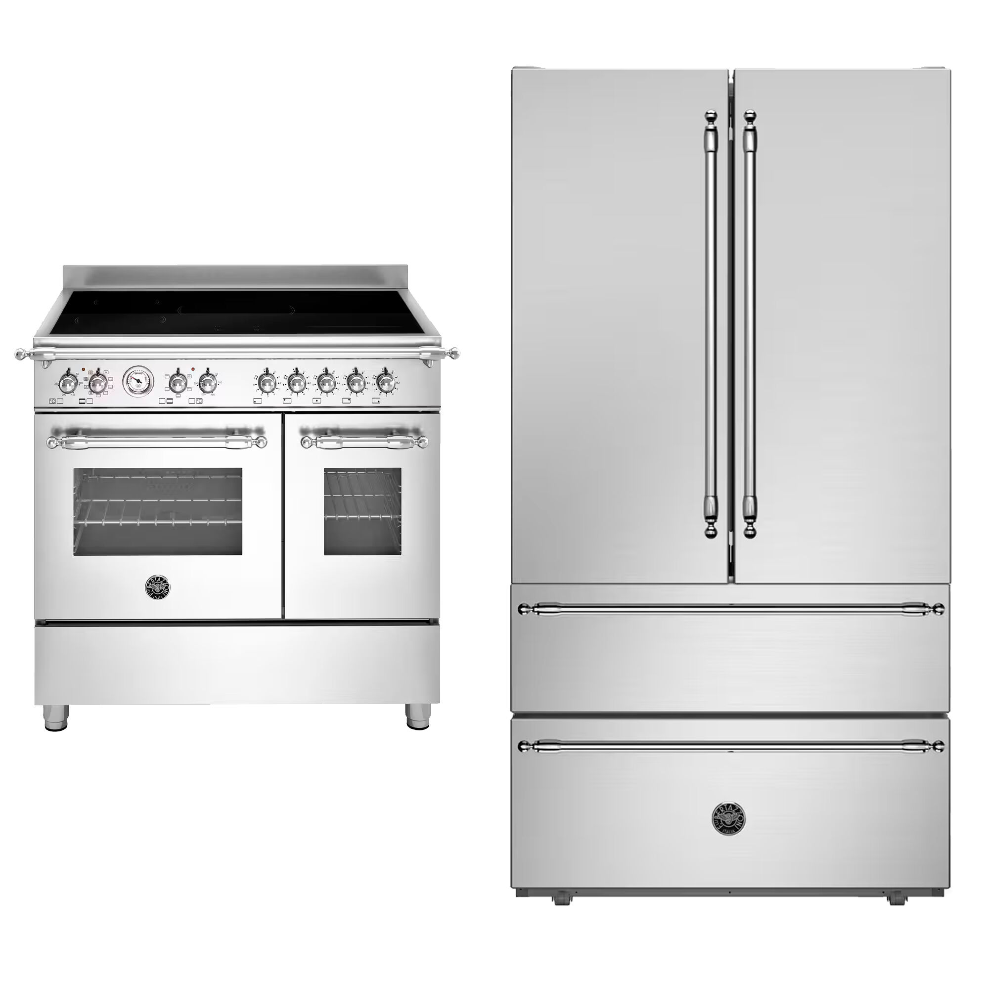 Bertazzoni REF904FFNXTC Heritage side-by-side køle-/fryseskab med ismaskine + HER95I2EXC2 Heritage rammeløst induktionskomfur 90 cm, 5 zoner, 2 ovne, rustfrit stål/mat sort
