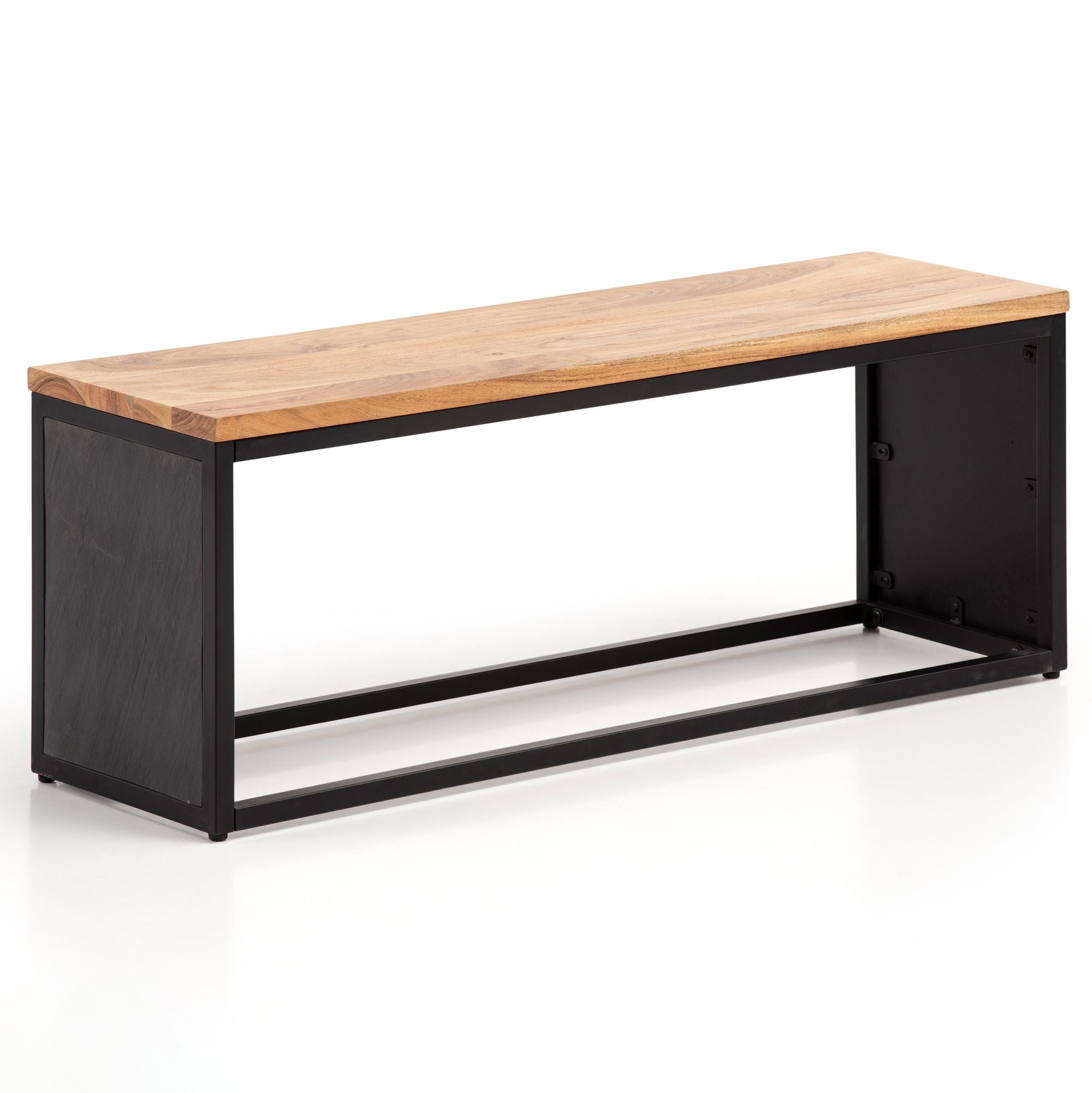 Massiv akacietræsbænk med stenlook, 120x45x35 cm, entrebænk med metalramme, designer sengebænk, soveværelsesbænk, lille garderobebænk, spisestuebænk