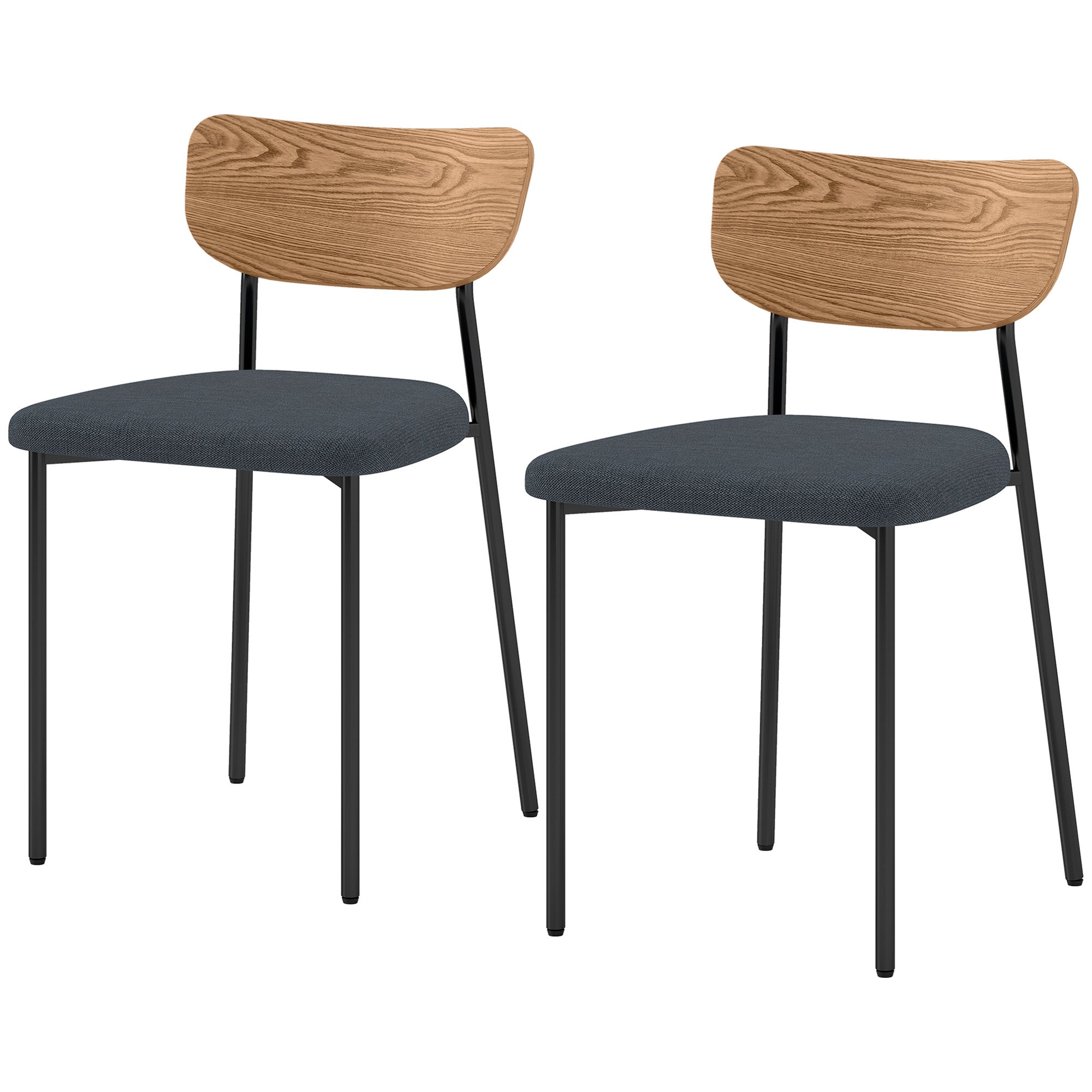 Sæt med 2 spisestole, linnedlook, armløs design, metalben, grå