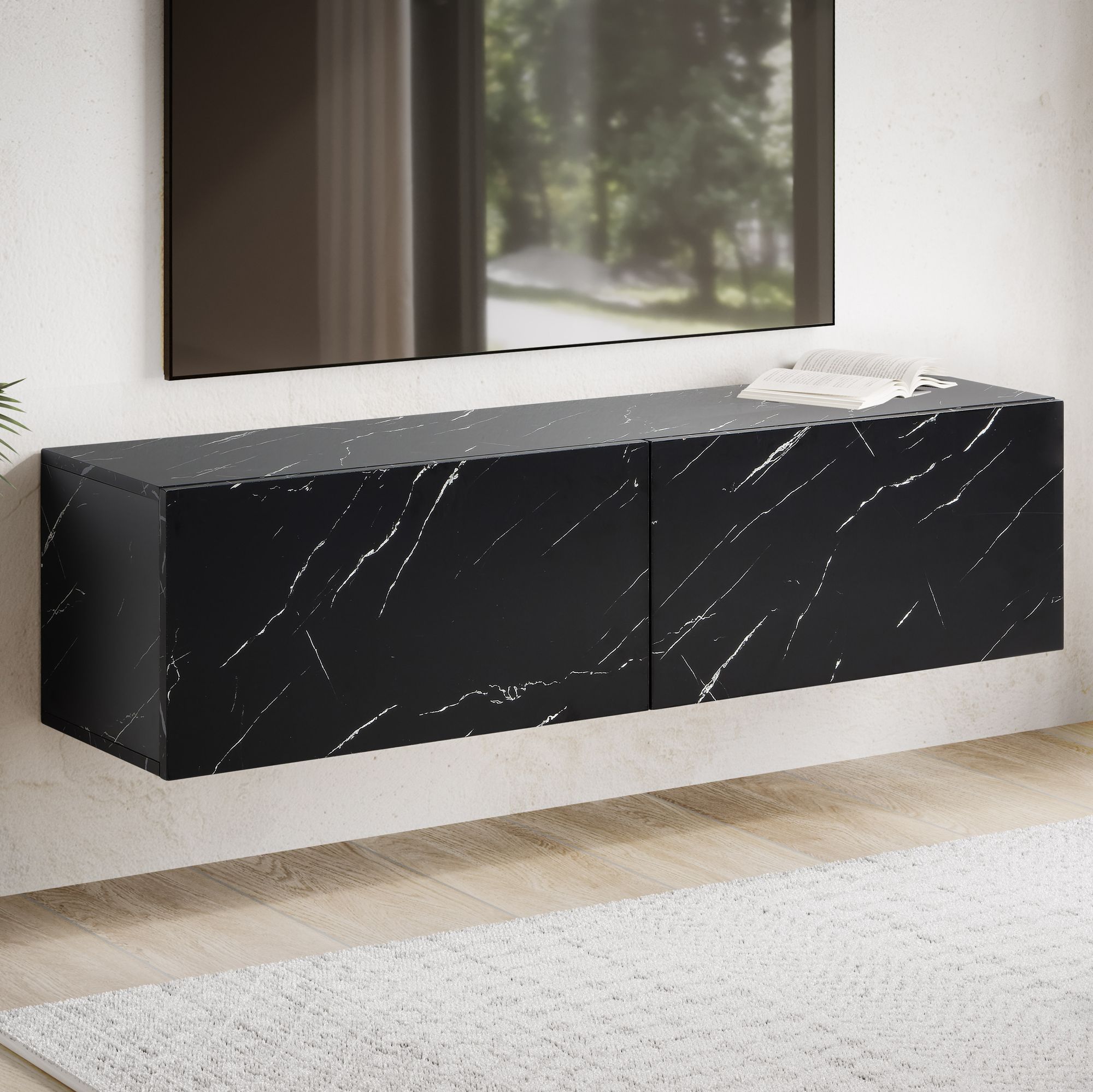 Elegant tv-skab til væggen, marmor-look, 120x30x30cm, sort