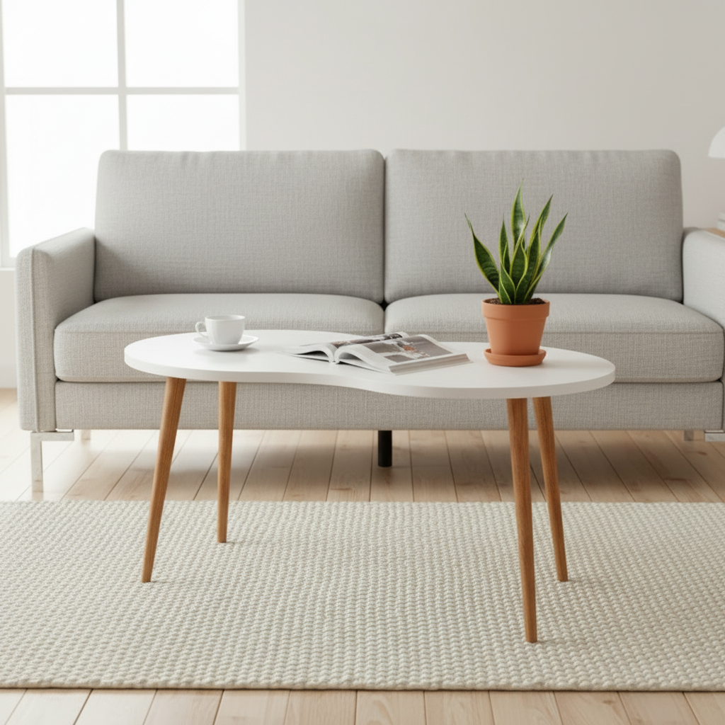Sofabord i harmonisk form, skandi-japandi-look, 42 x 90 x 41 cm, hvid