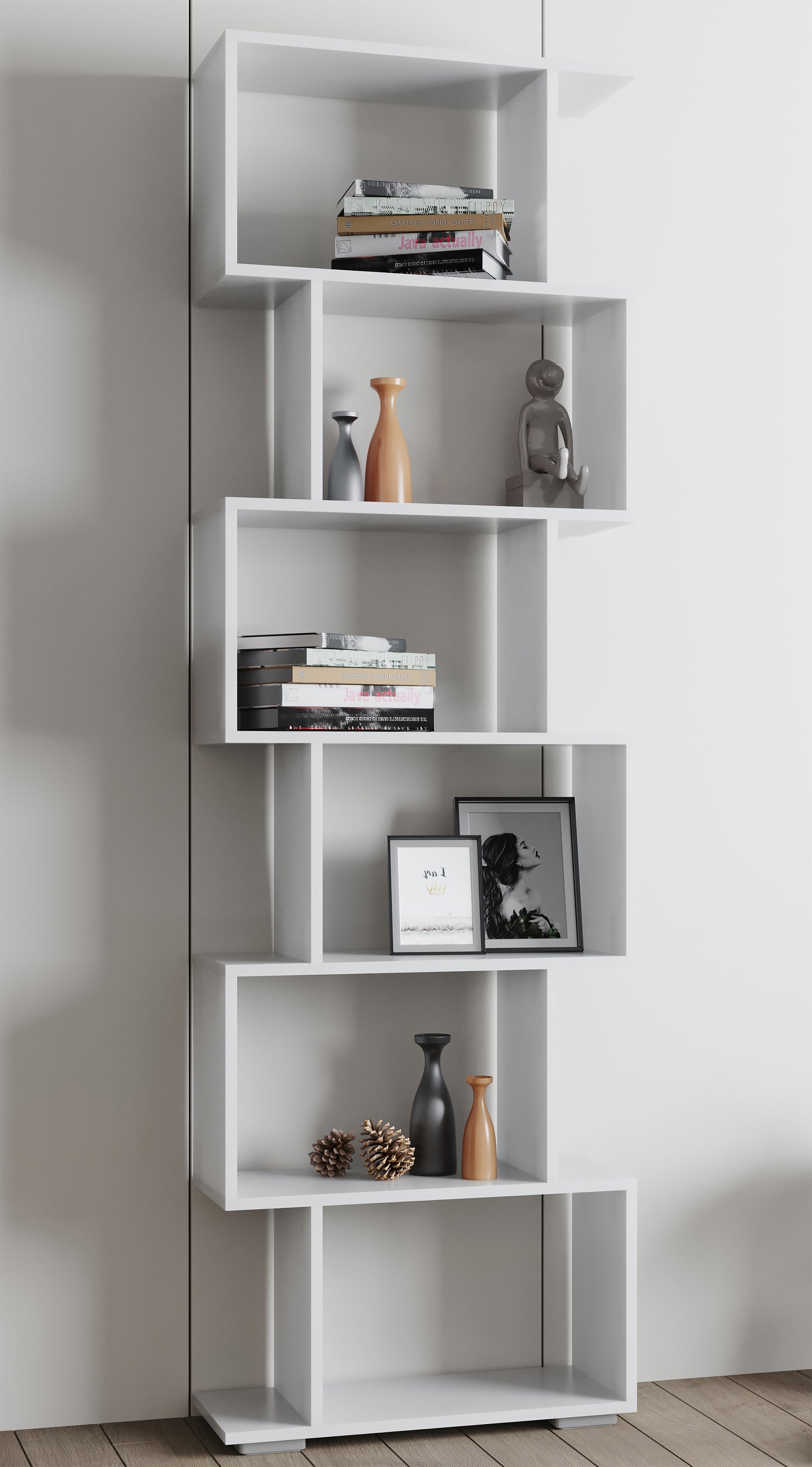 Dekorativ zig-zag reol, 196 x 60 x 24 cm, hvid