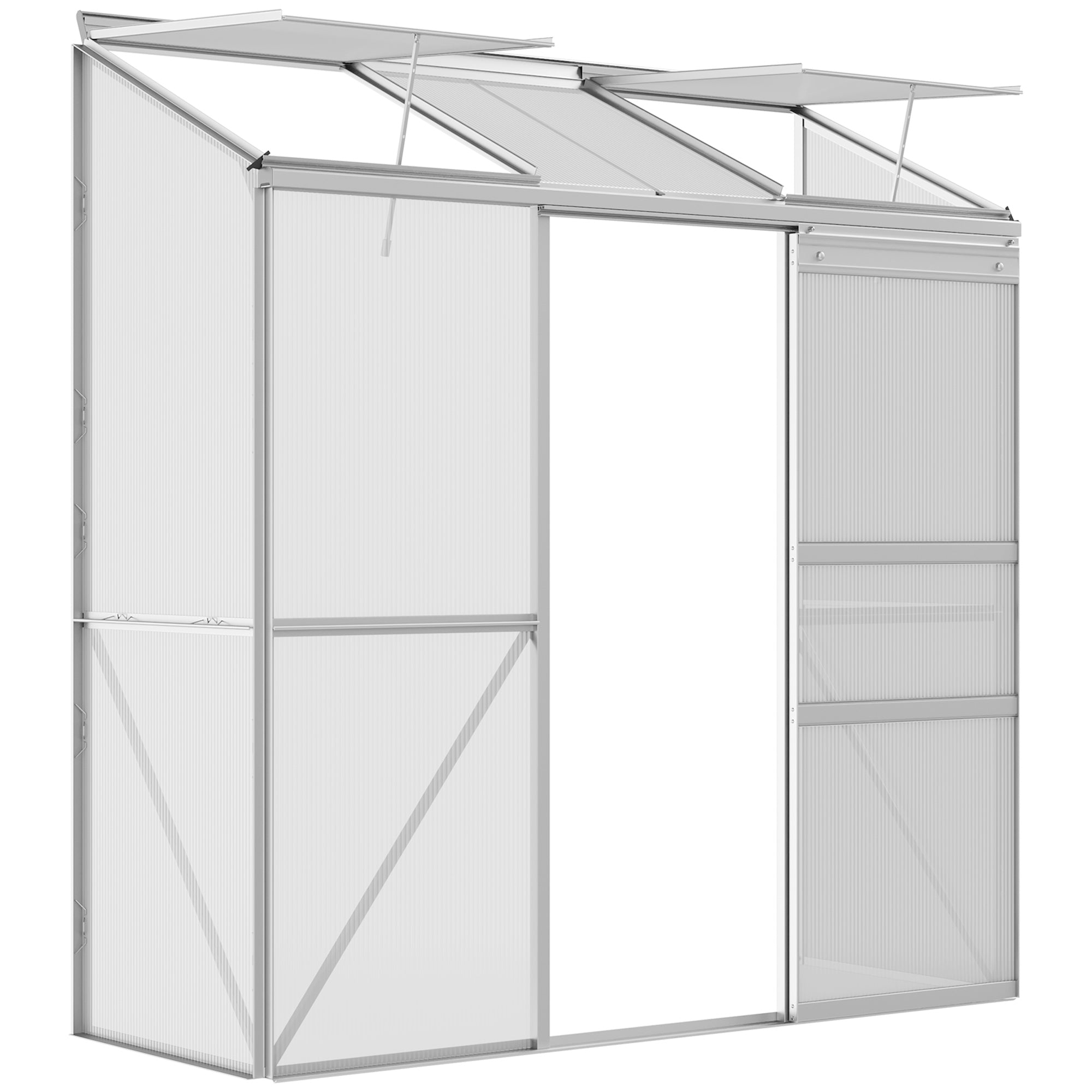 Vægdrivhus, skydedør, tagvindue, polycarbonat+aluminium, farve: sølv, 192 x 68 x 196 cm